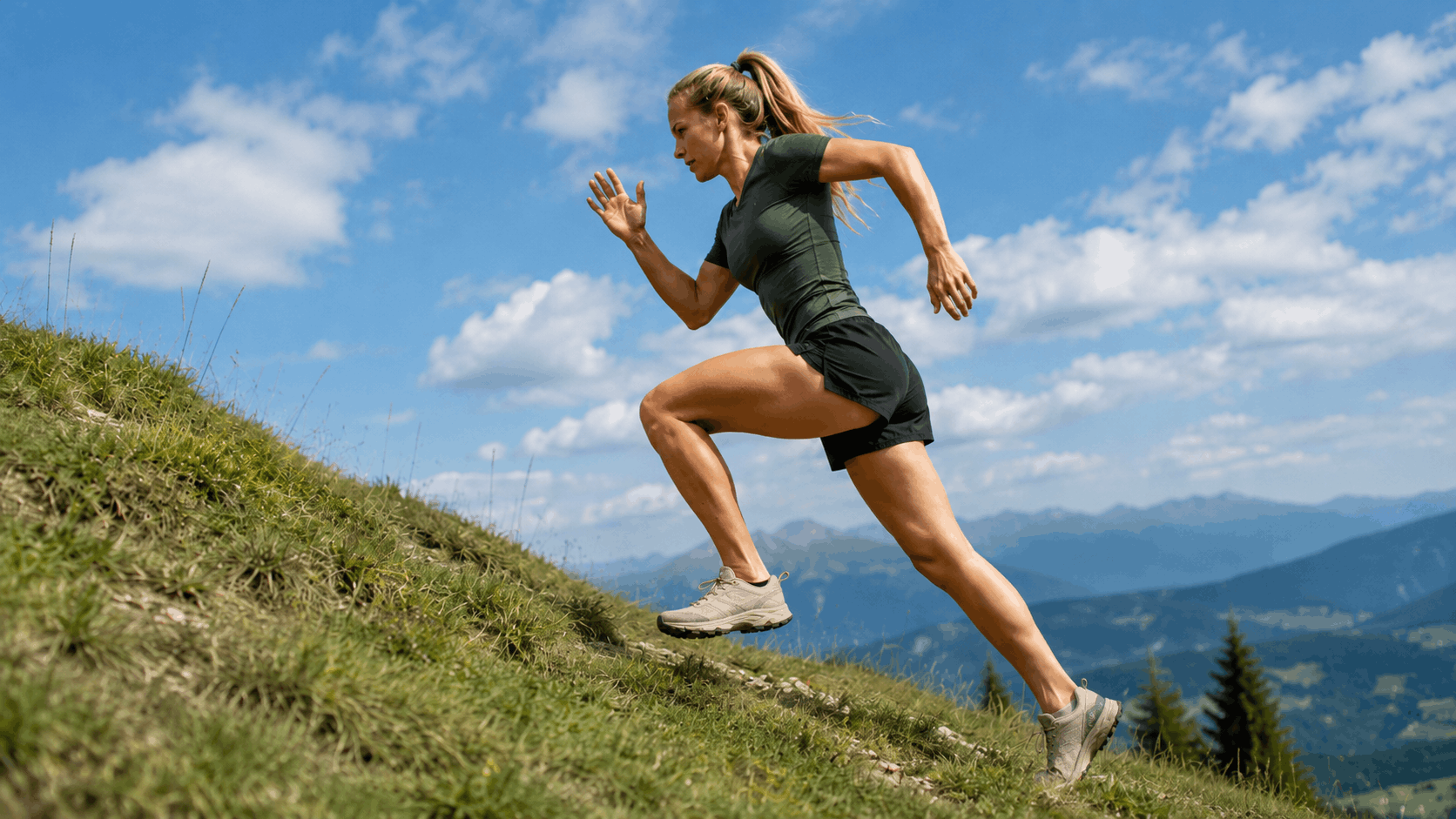 female athlete sprinting uphill on a grassy mountain slope with strong knee drive and forward body position