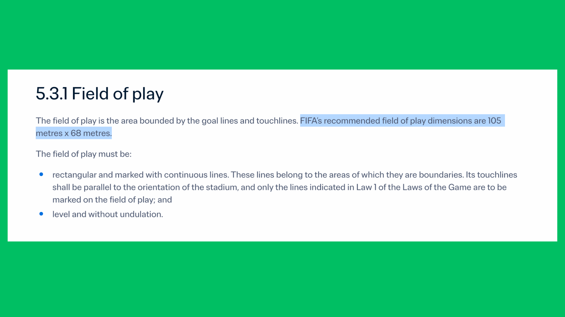 fifa official webpage section explaining field of play rules recommended dimensions markings and surface requirements