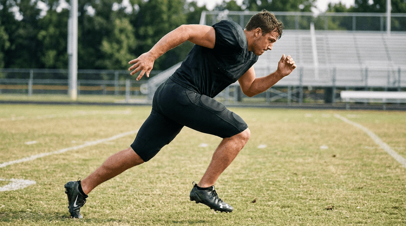football athlete leaning forward from the ankles during sprint acceleration on an outdoor training field