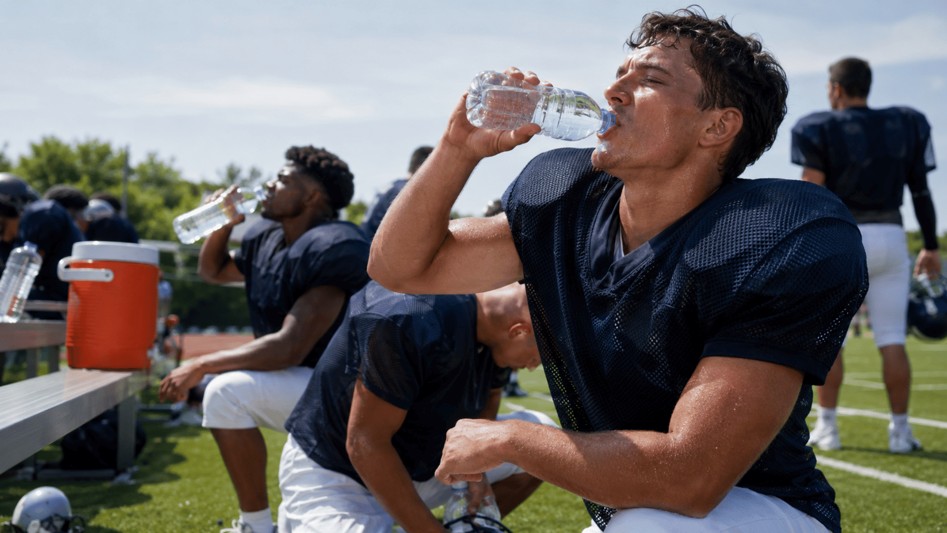 football players drinking water near the sideline during a hot practice hydration break