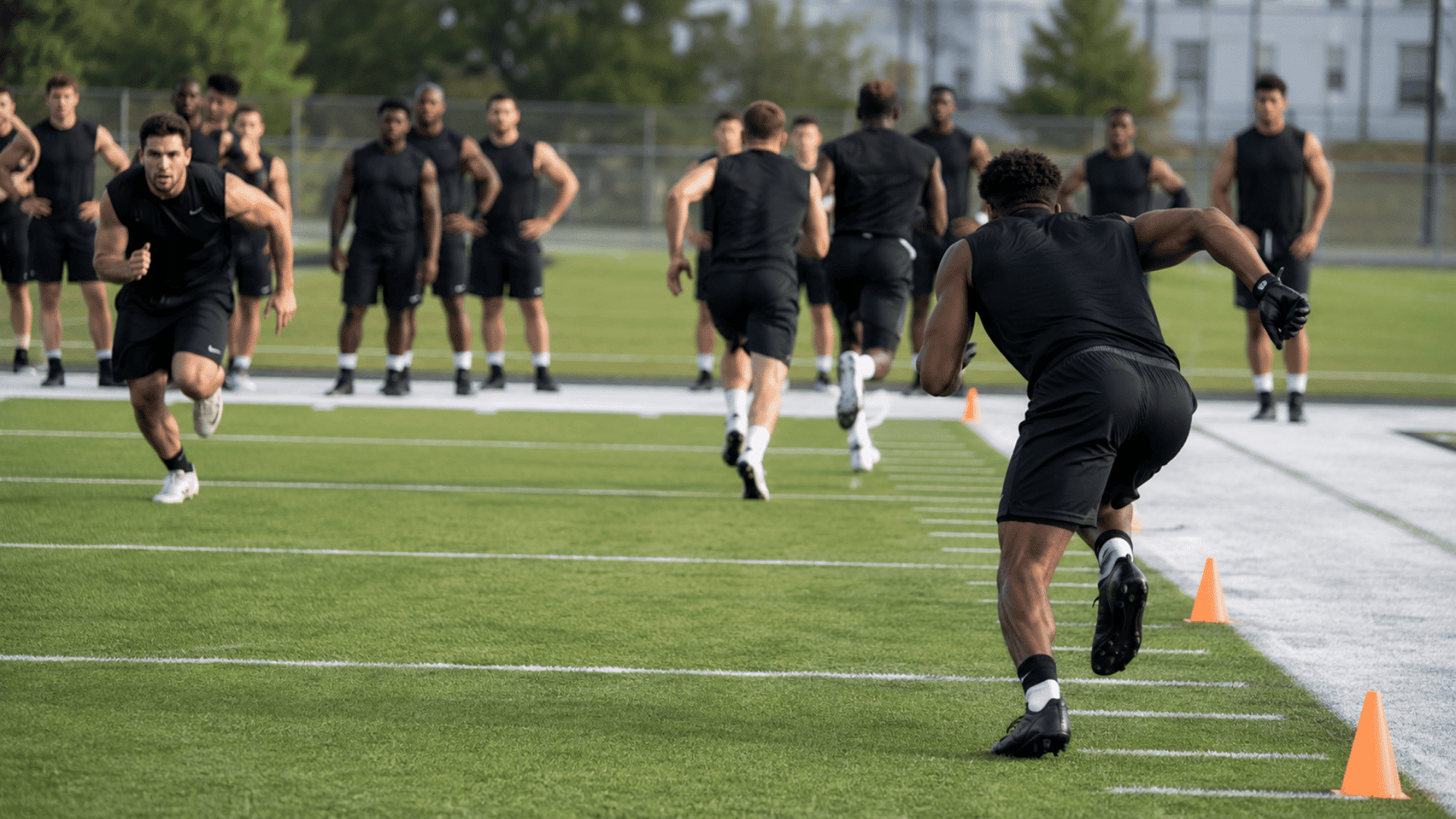 football players running a half gasser rep across the field and back during conditioning