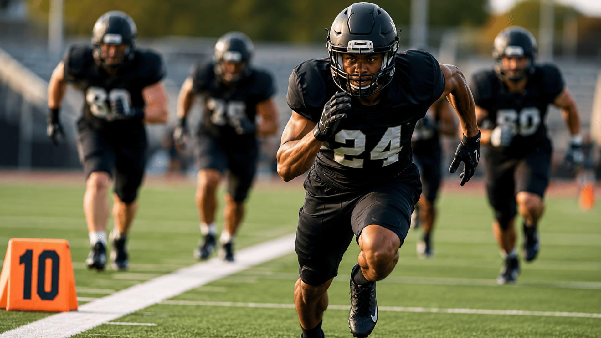 football players sprint through gasser drills on a sunny practice field