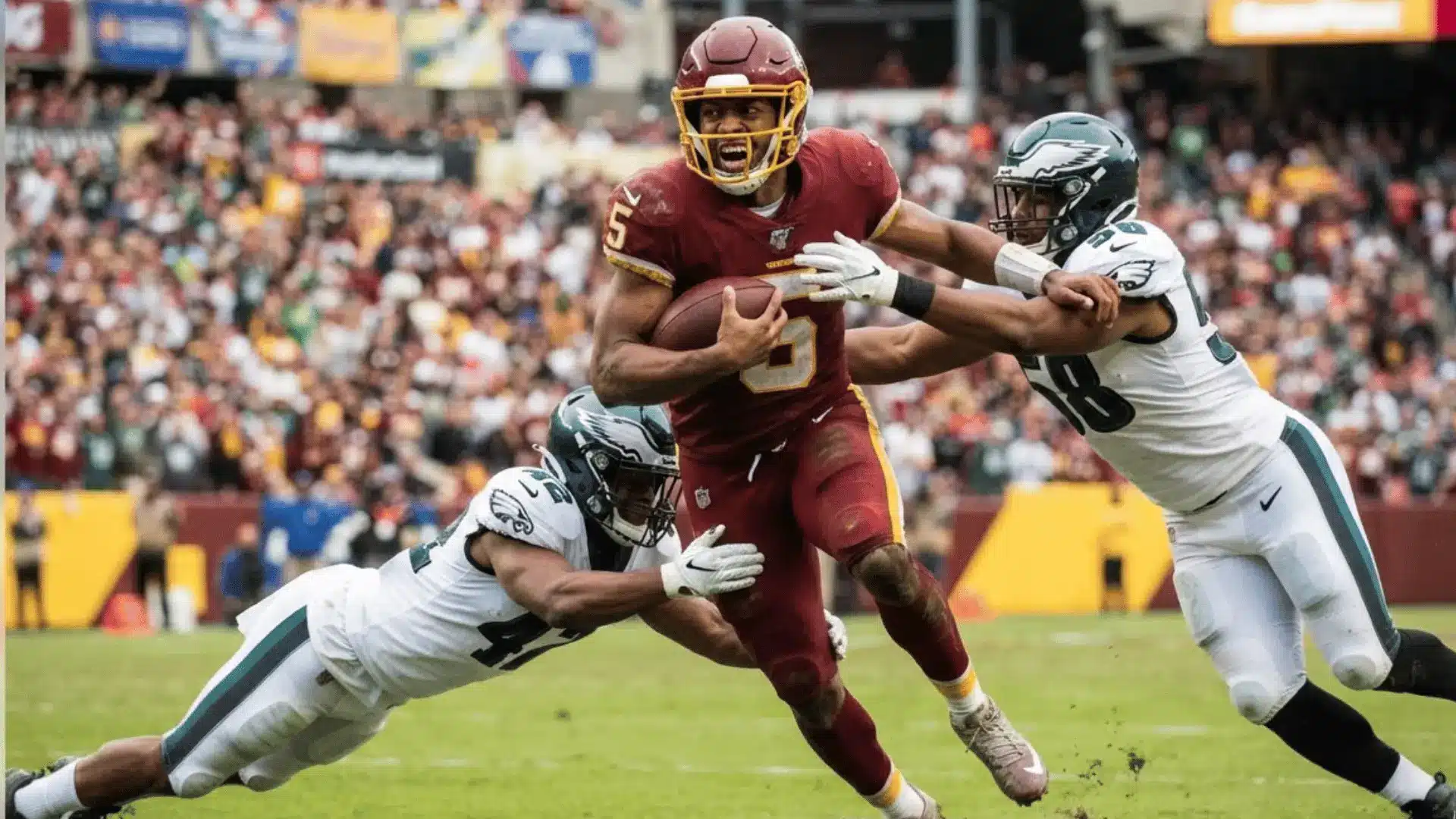 football quarterback carrying the ball while two defenders attempt a tackle during a crowded stadium game
