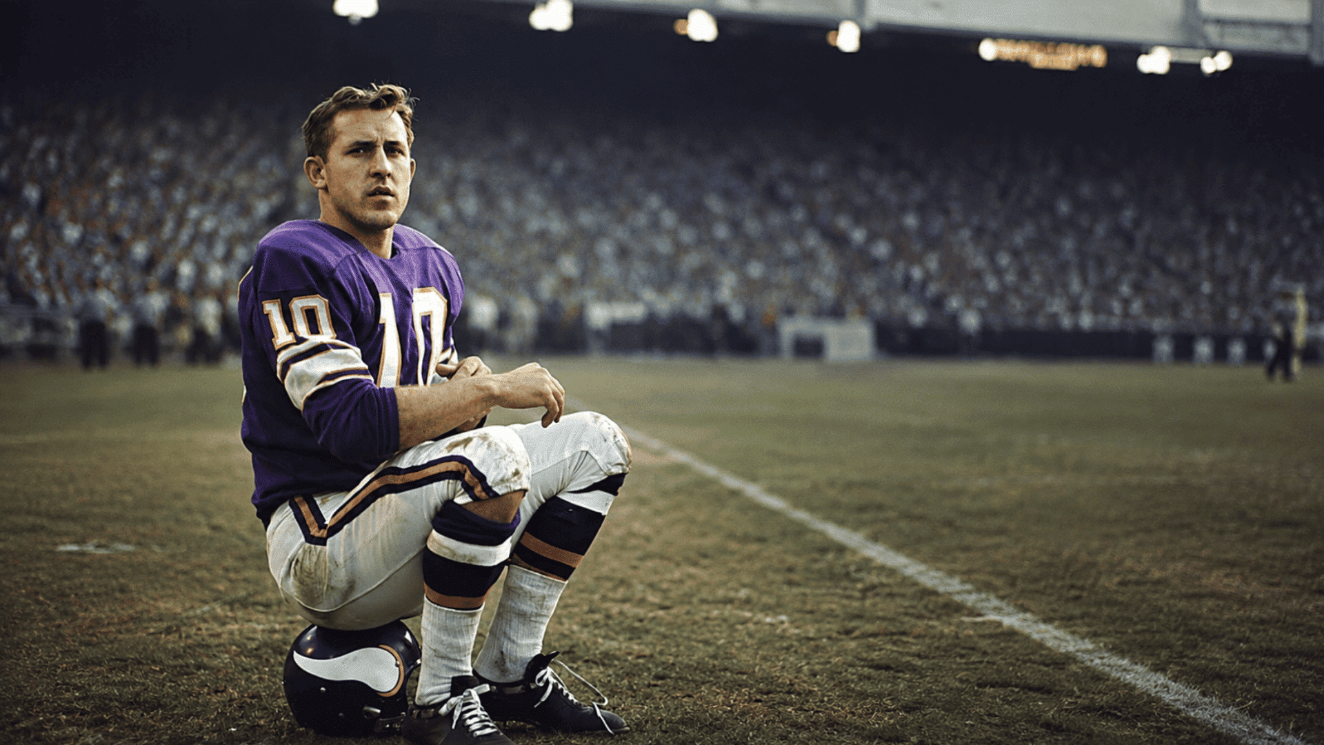 football quarterback wearing number 10 sits on his helmet beside the field in a packed stadium