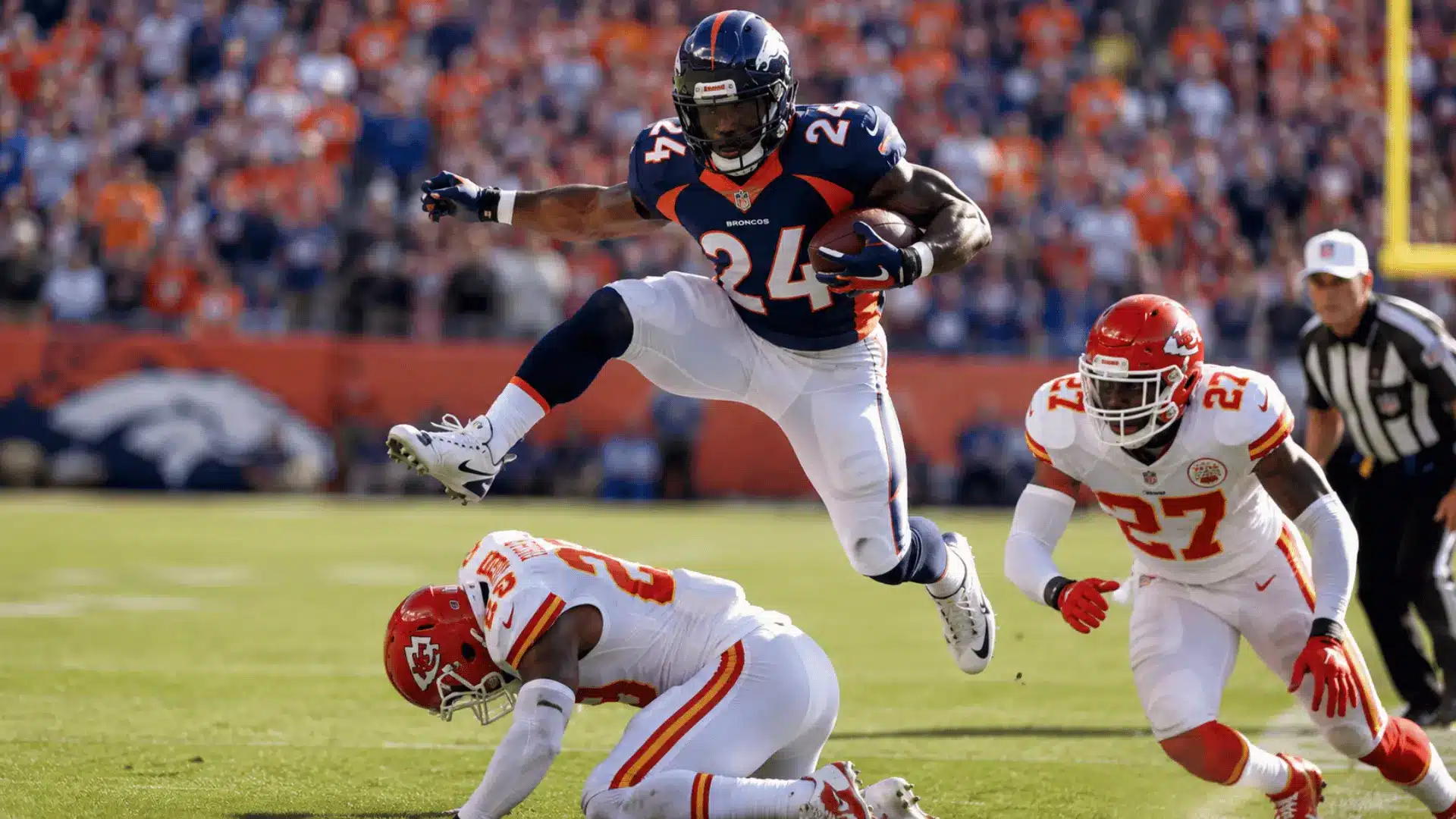 football running back in blue uniform leaping over defenders during a sunny game in a crowded stadium