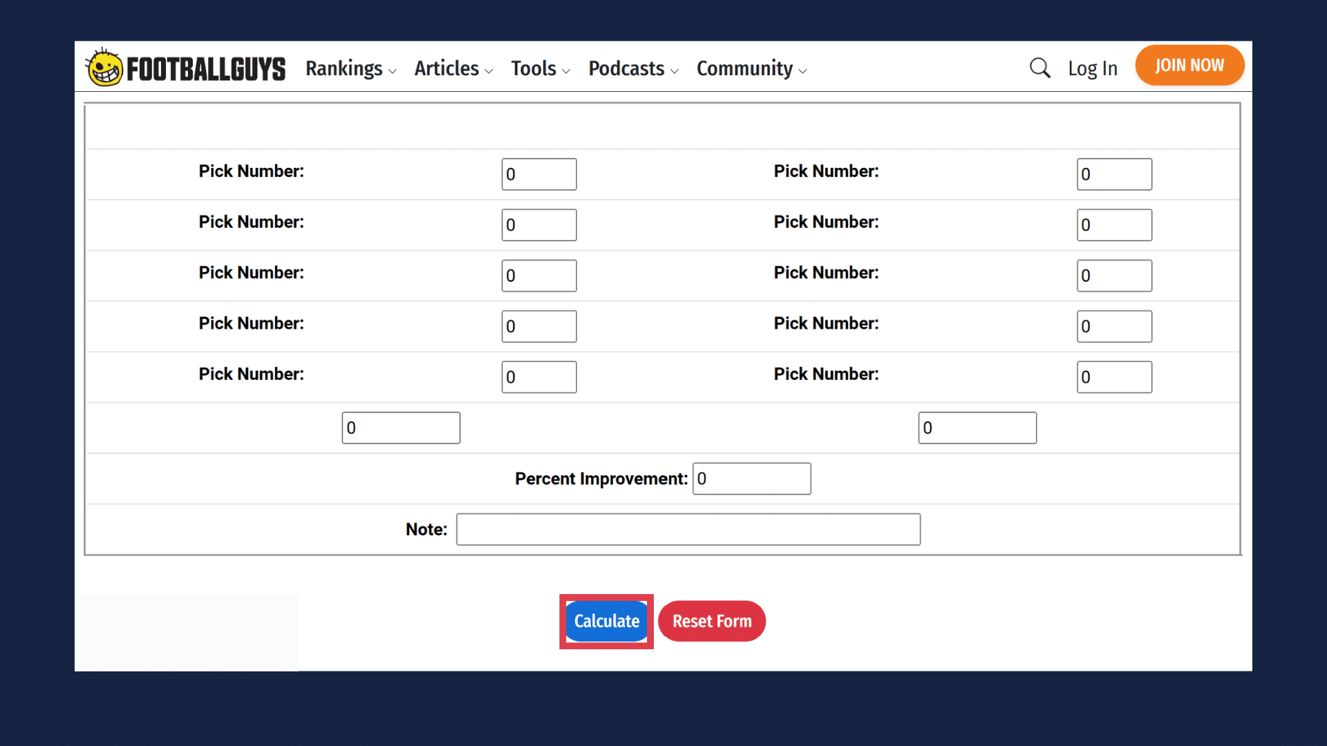 footballguys pick value calculator showing pick number fields percent improvement and calculate button