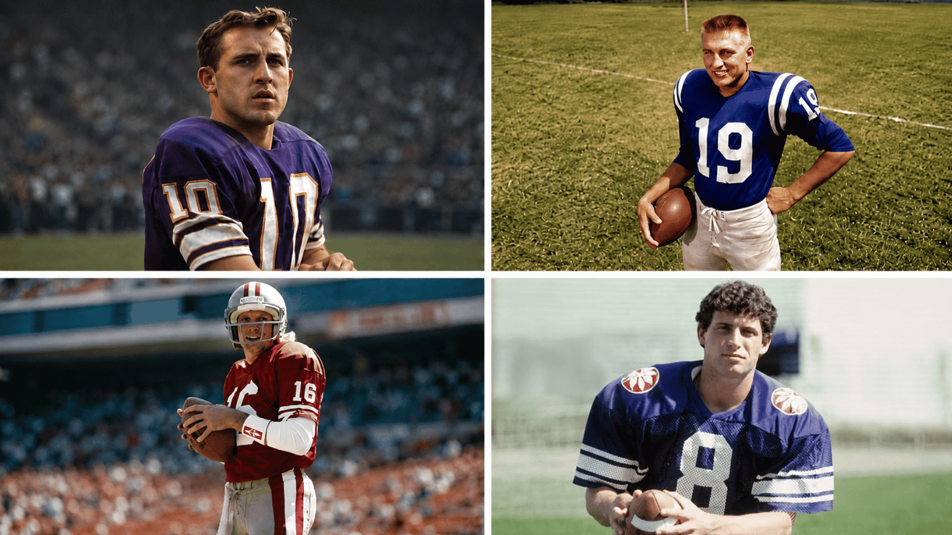 four legendary quarterbacks shown in a four panel collage wearing classic football uniforms