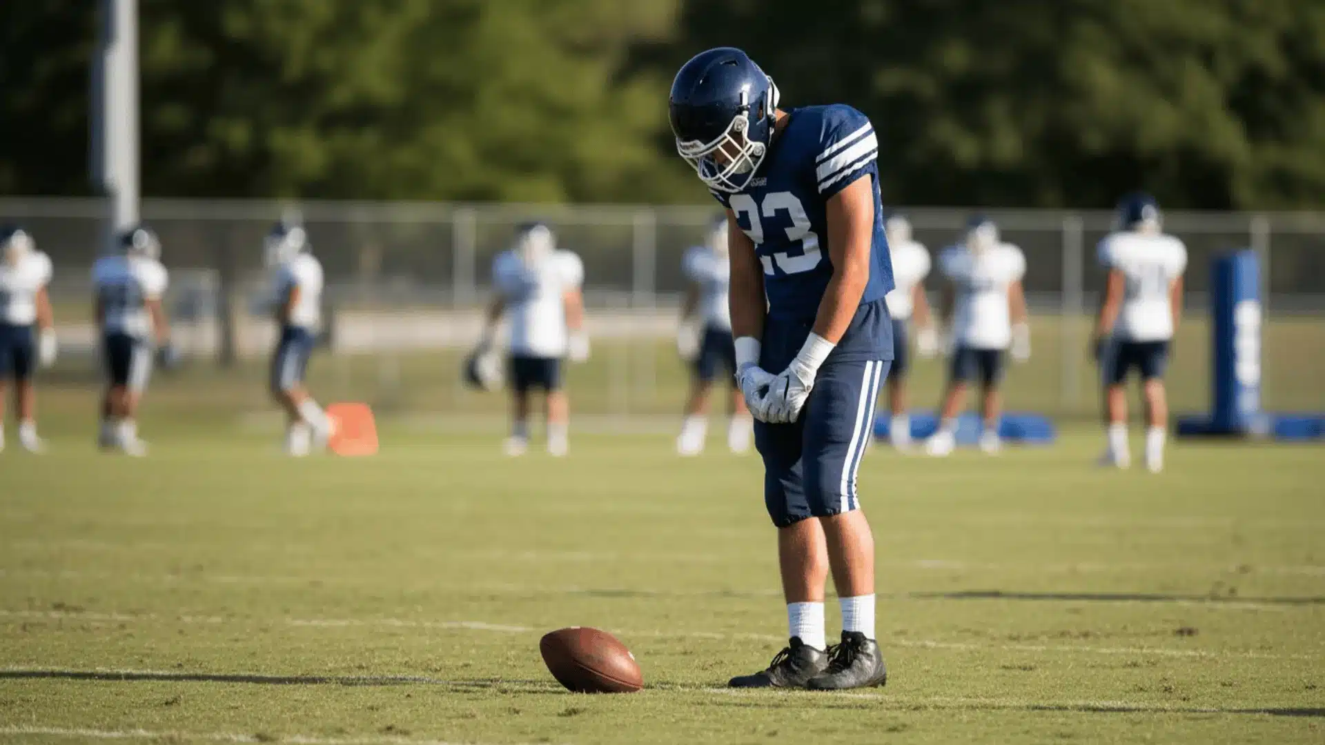 helmeted football player looking down after a catching mistake during practice on the field