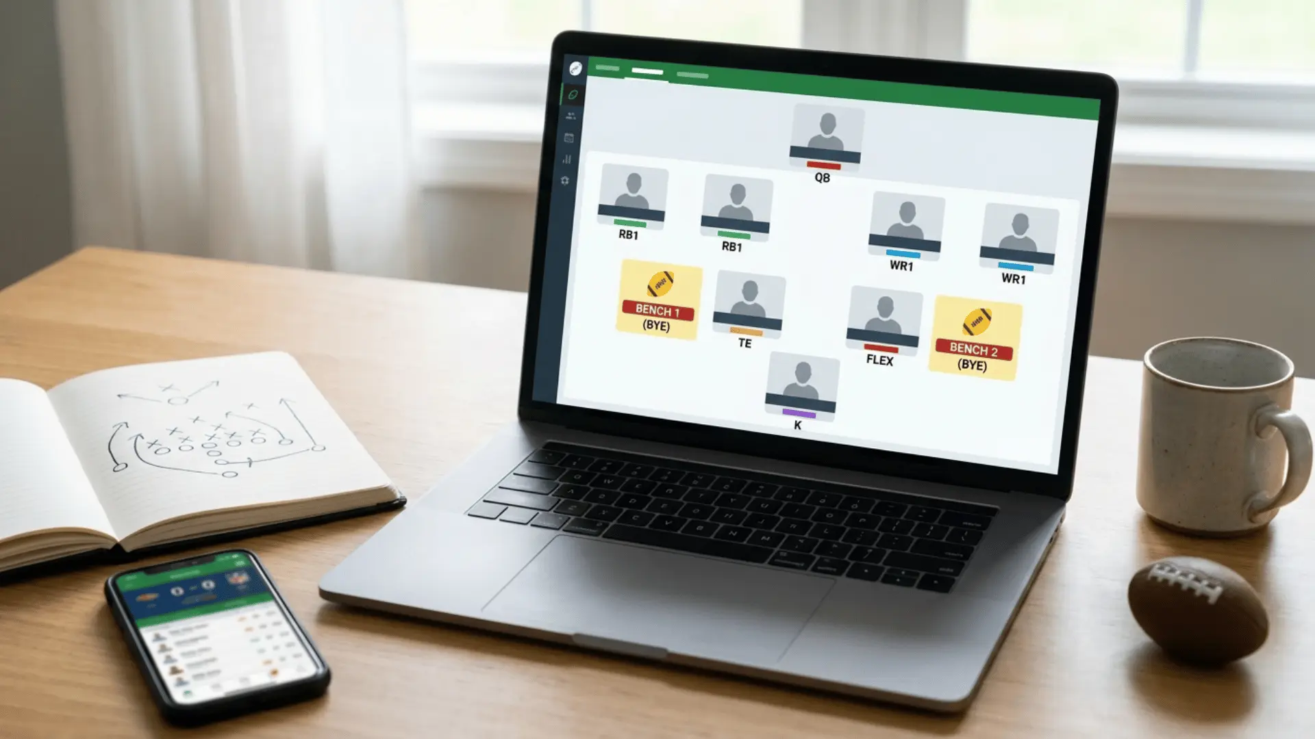 a laptop displays a fantasy football lineup beside a phone notebook coffee mug and football on a wooden desk at home