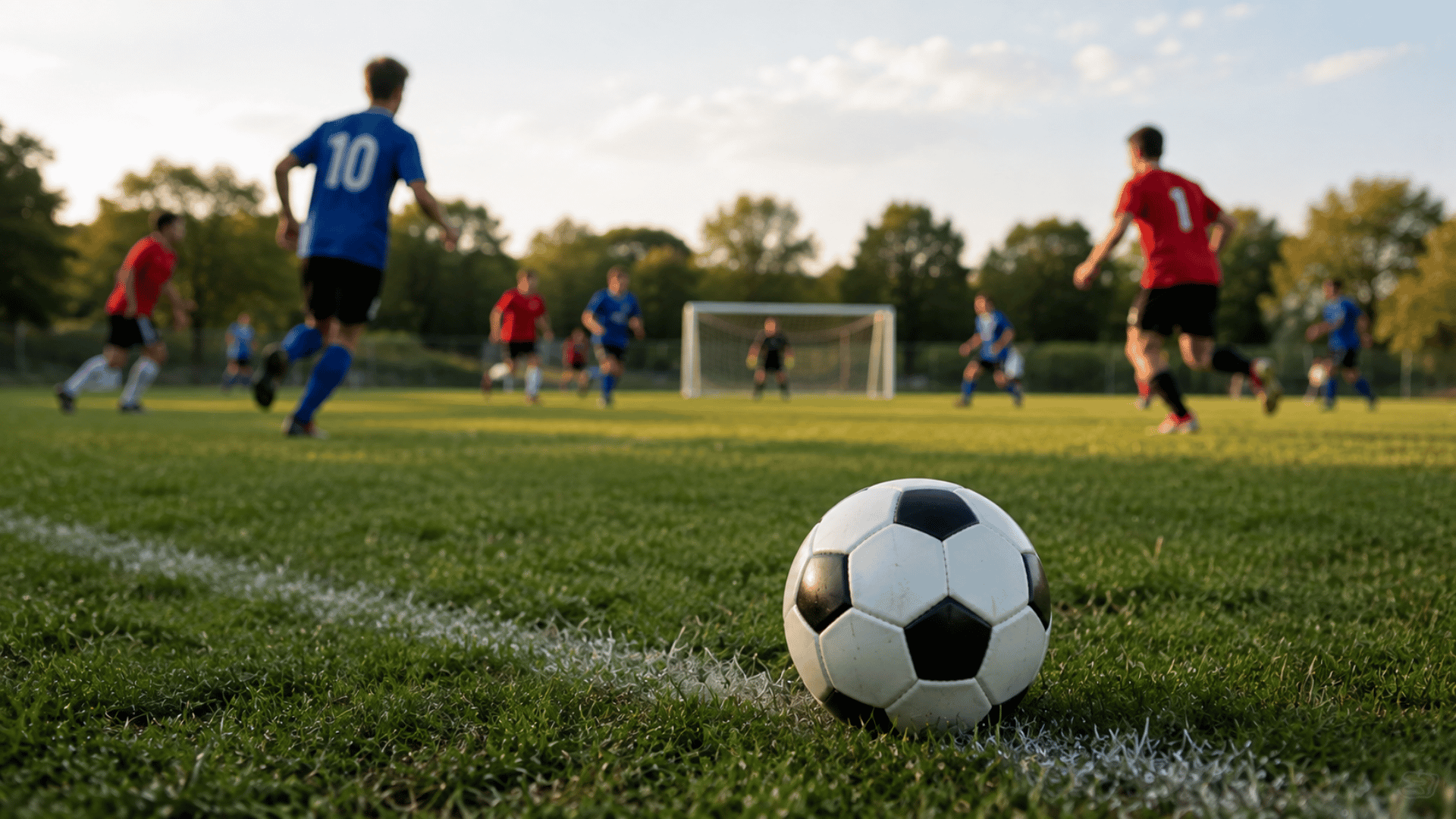 soccer ball on grass with players competing near the goal during a sunny outdoor soccer match