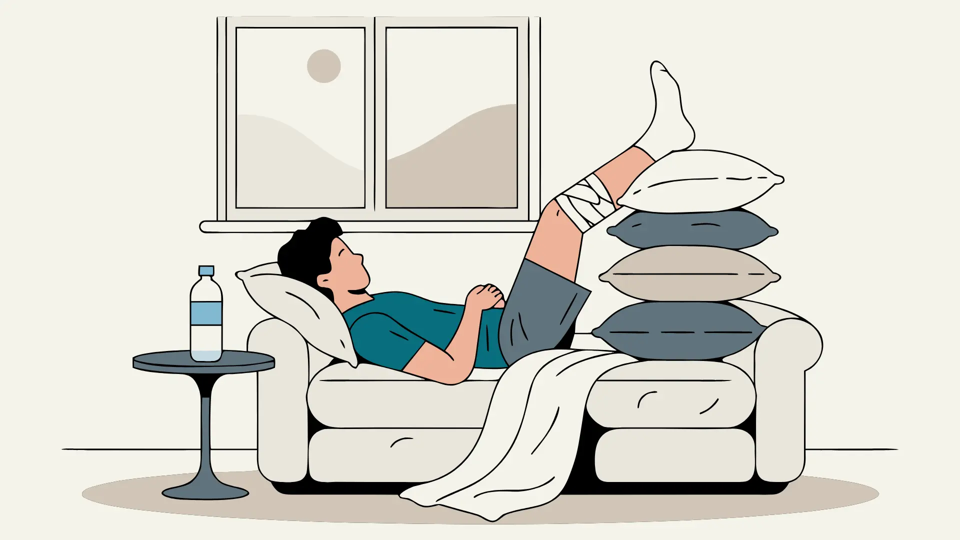 illustration of athlete resting with injured leg elevated at home during early recovery