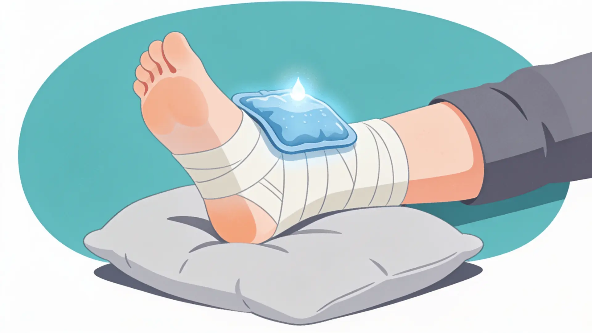illustration showing ice pack compression bandage and elevation pillow on swollen ankle