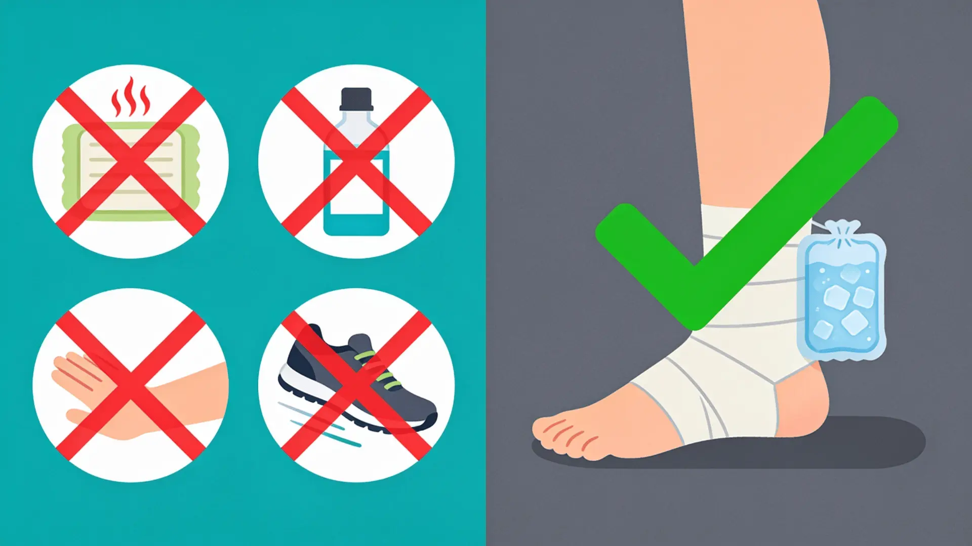 illustration showing what to avoid after injury including heat alcohol massage and running