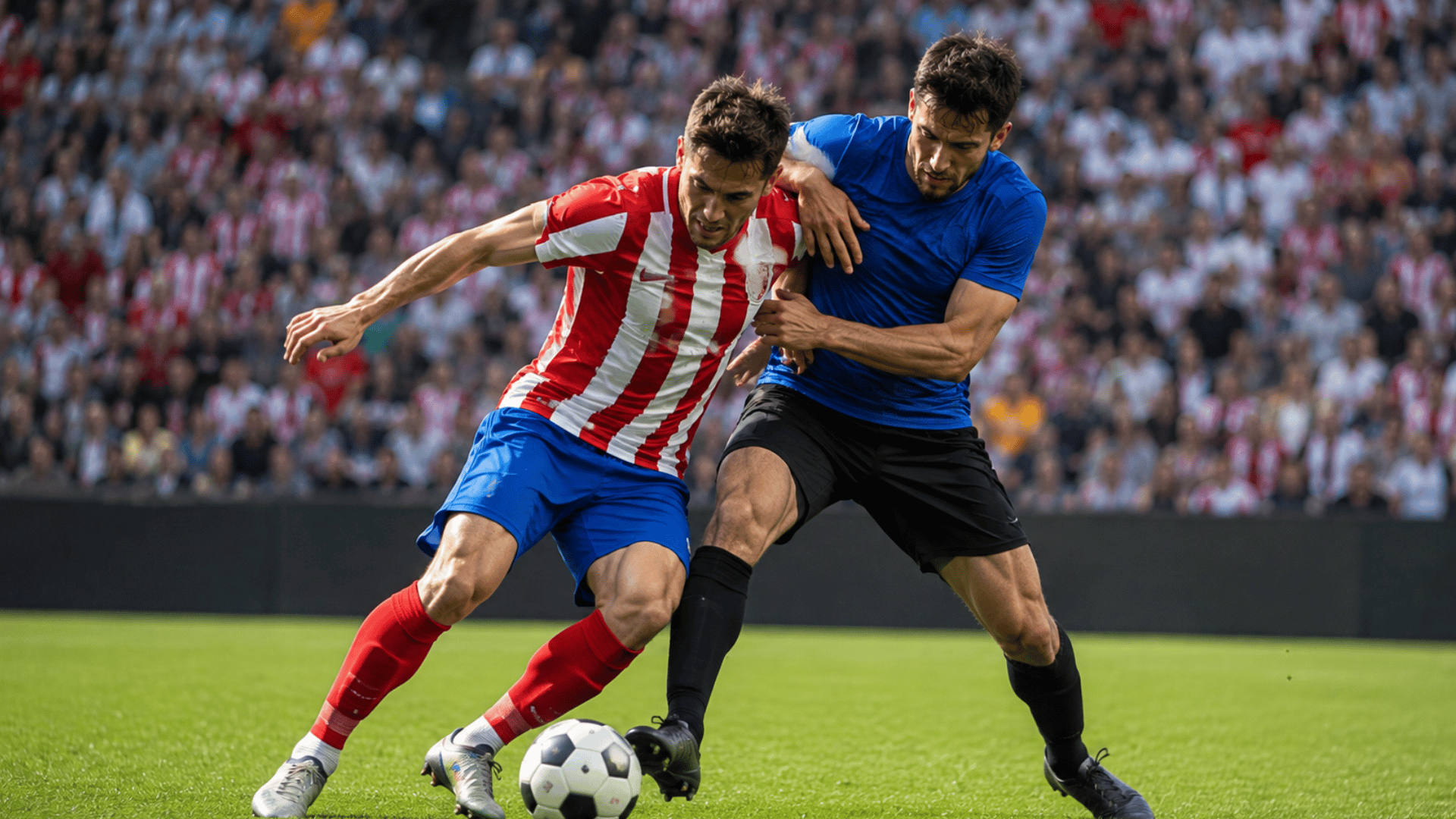 two soccer players making fair shoulder to shoulder contact while competing for the ball during a match