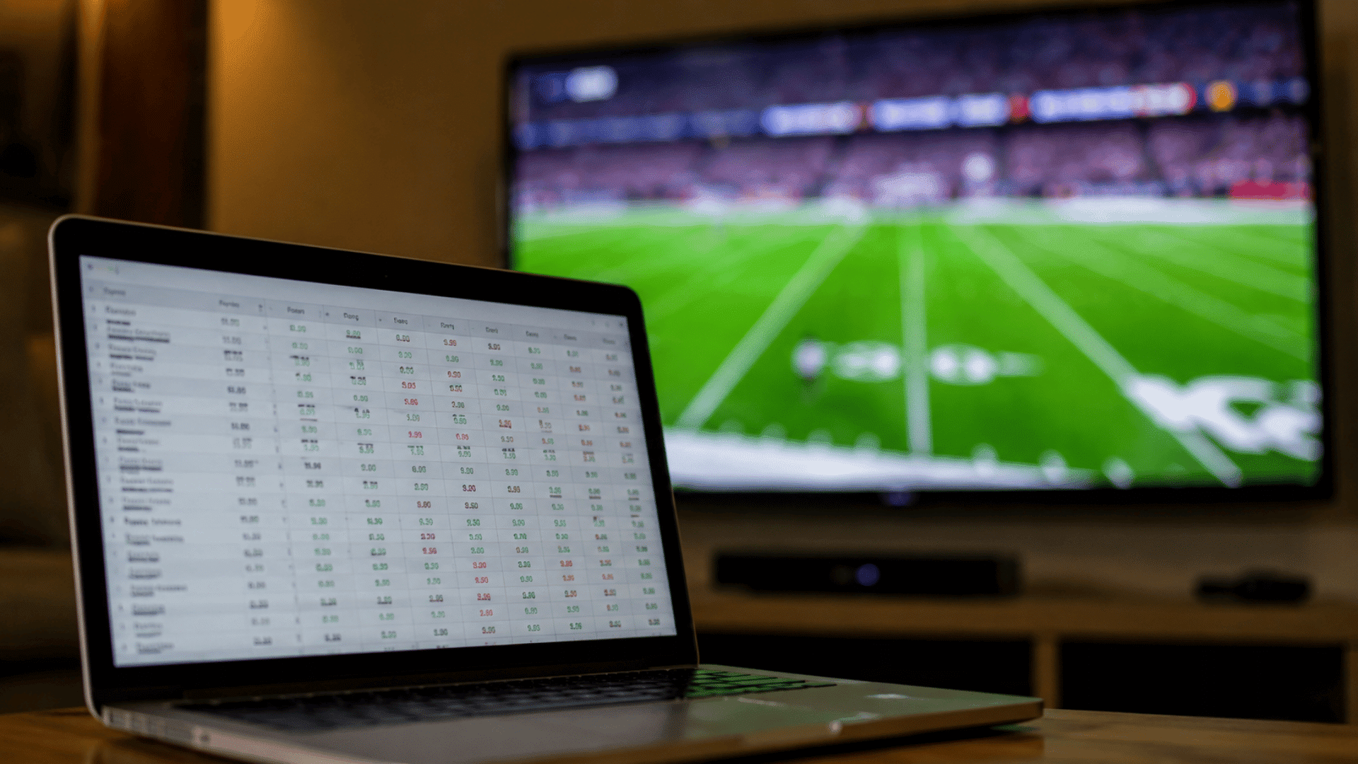 laptop showing fantasy football player values with a blurred football game playing on a television behind it