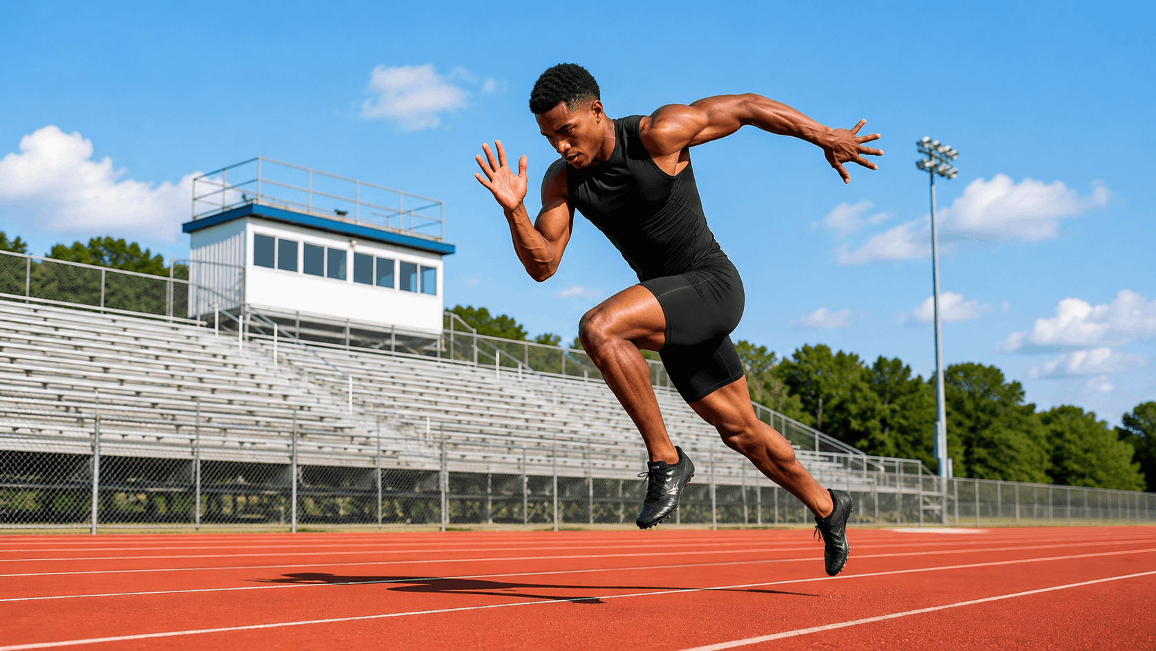 male sprinter driving forward with powerful arm and leg action during a fast sprint on an outdoor track