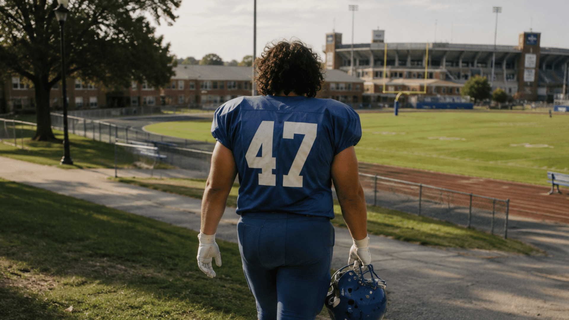 marist veres royal walking onto a football field in uniform, holding his helmet.