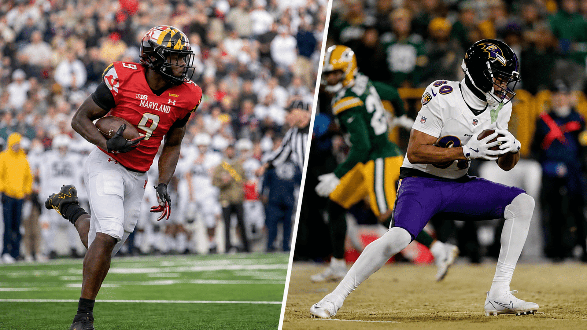 maryland and ravens football players carry the ball in a split image divided by white line