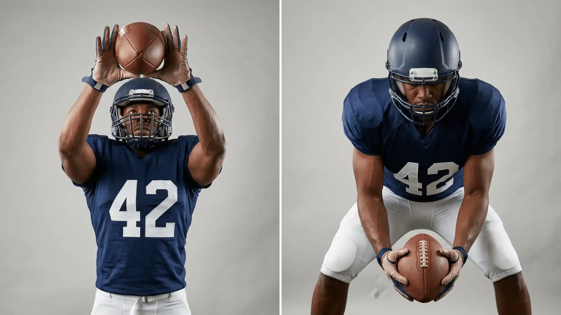 nfl player demonstrating high pass diamond hand position and low pass cupped hand catch technique