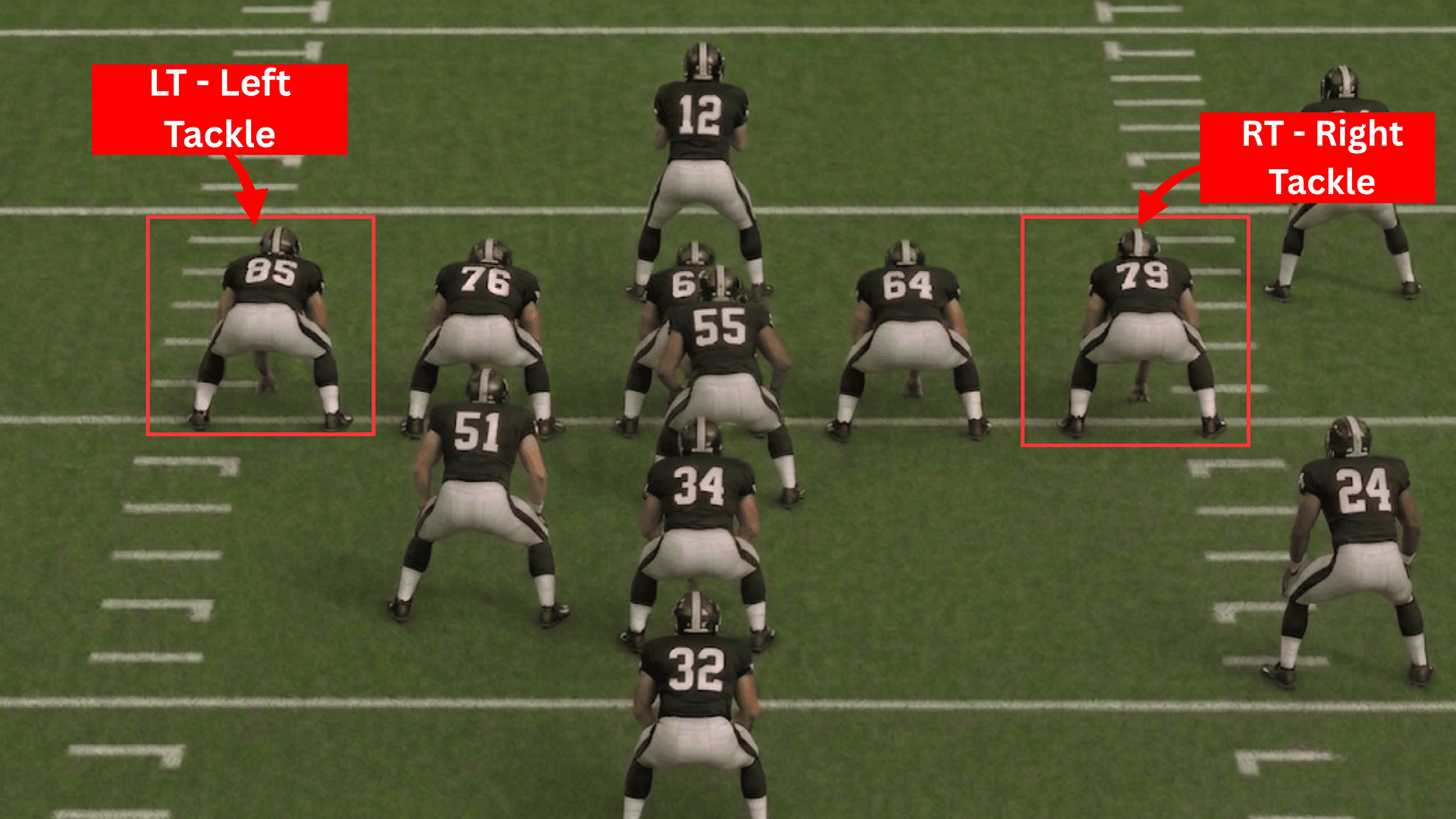 offensive tackle lined up on the edge of the offensive line ready to block the defender