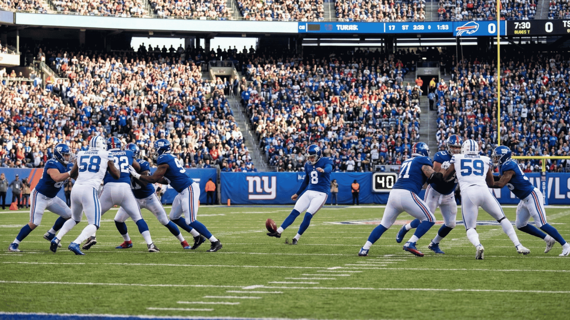 kicker sends a low onside kick as both football teams move toward the recovery area