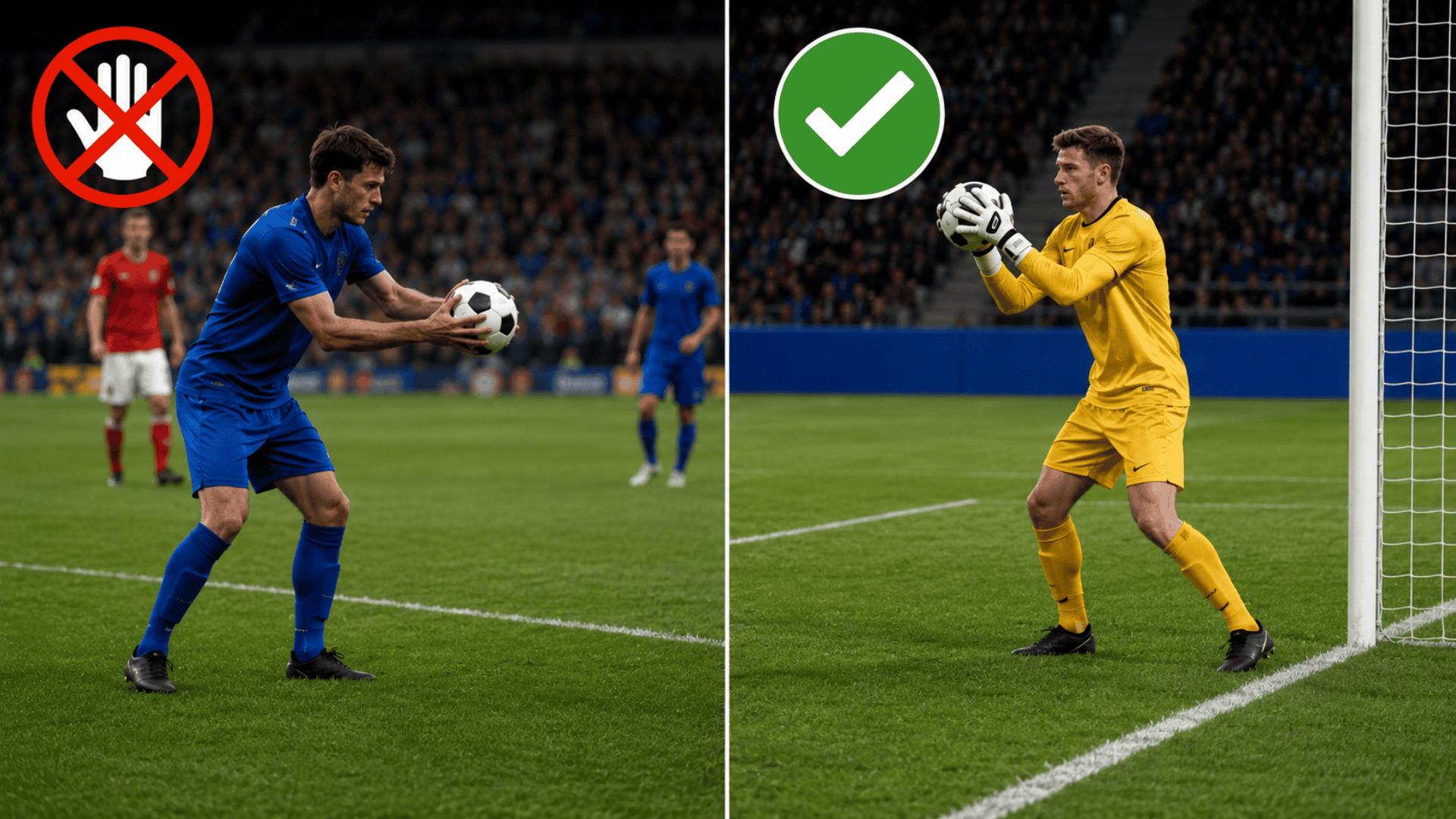 outfield player handling the ball beside a goalkeeper catching it inside the penalty area