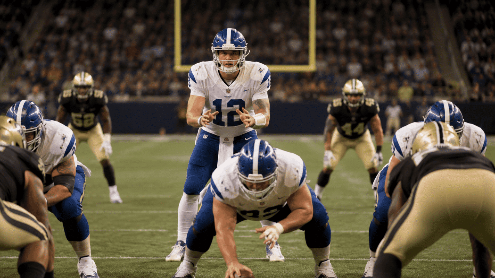 quarterback standing behind the center before the snap with hands ready while defenders line up across the field