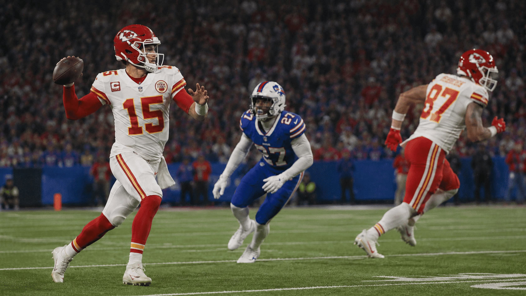 quarterback throws under pressure as a defender closes in during a football game