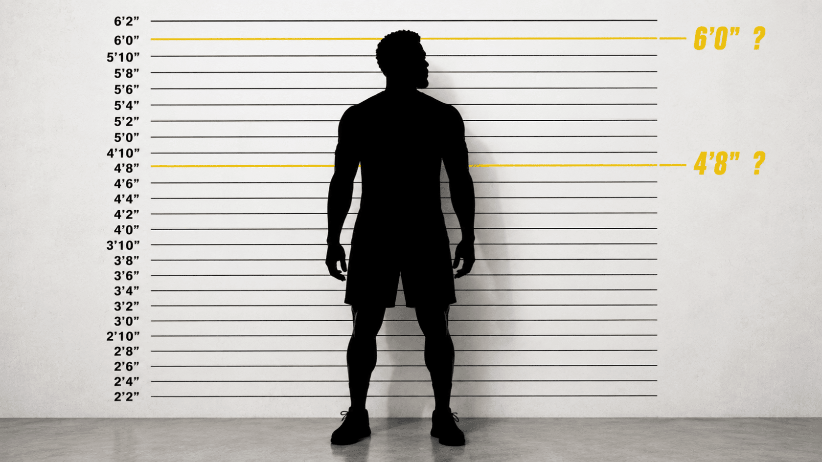 silhouetted football player stands beside a height chart marked at six feet and four feet eight inches