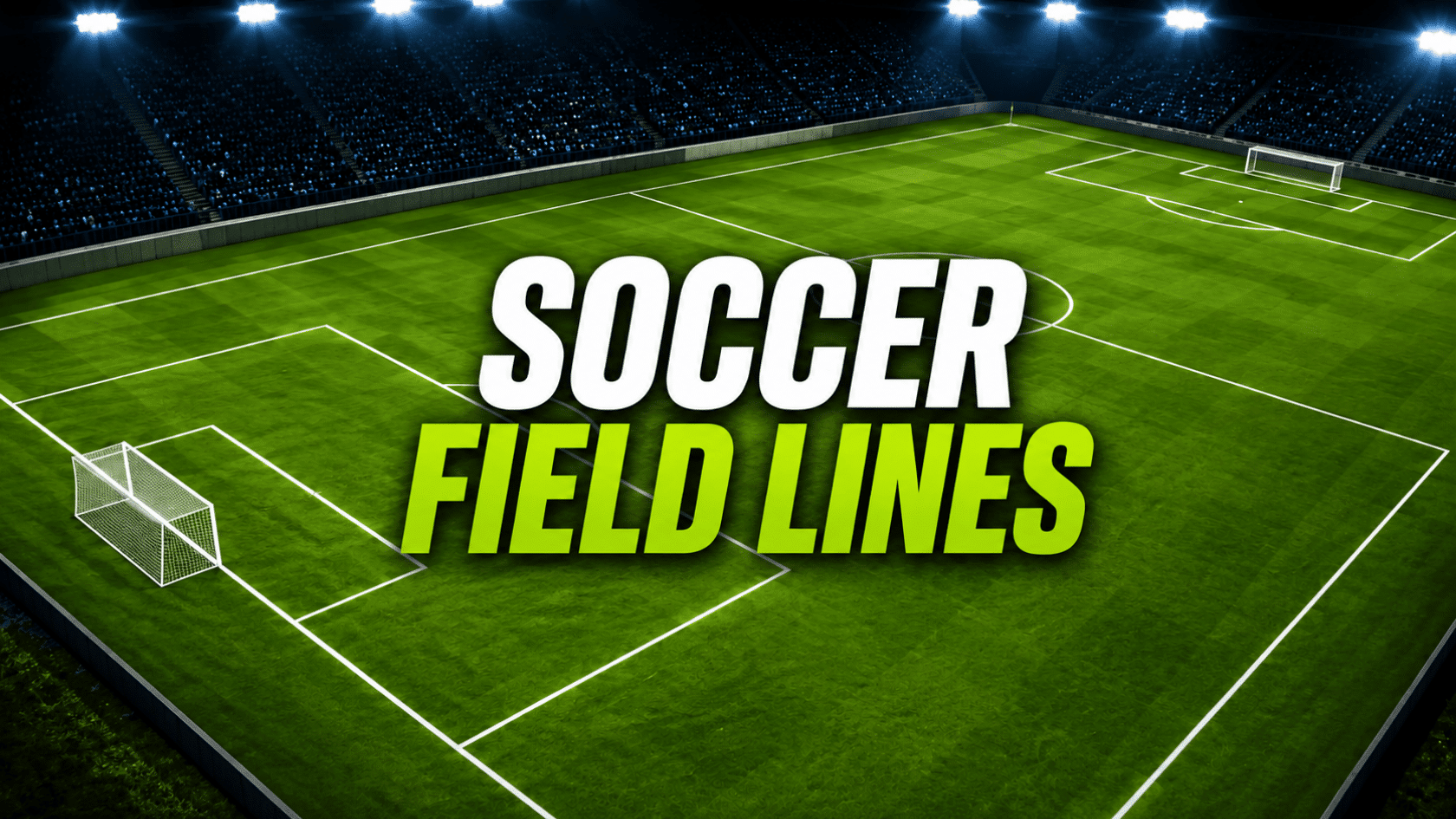 vibrant green soccer field with crisp white lines two goals bright stadium lights and dark crowded stands