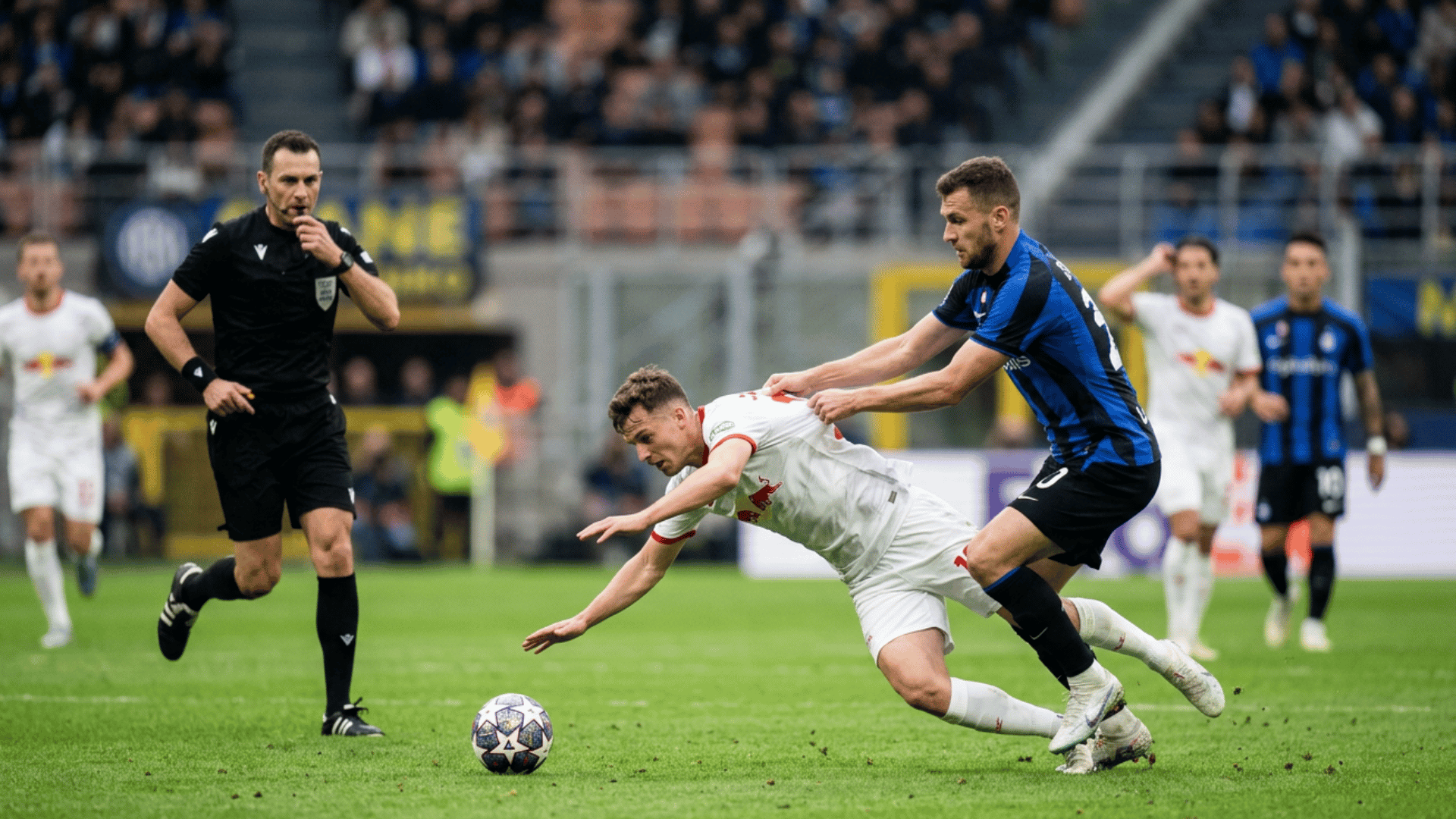soccer player pushing and grabbing an opponent unfairly while challenging for the ball during play