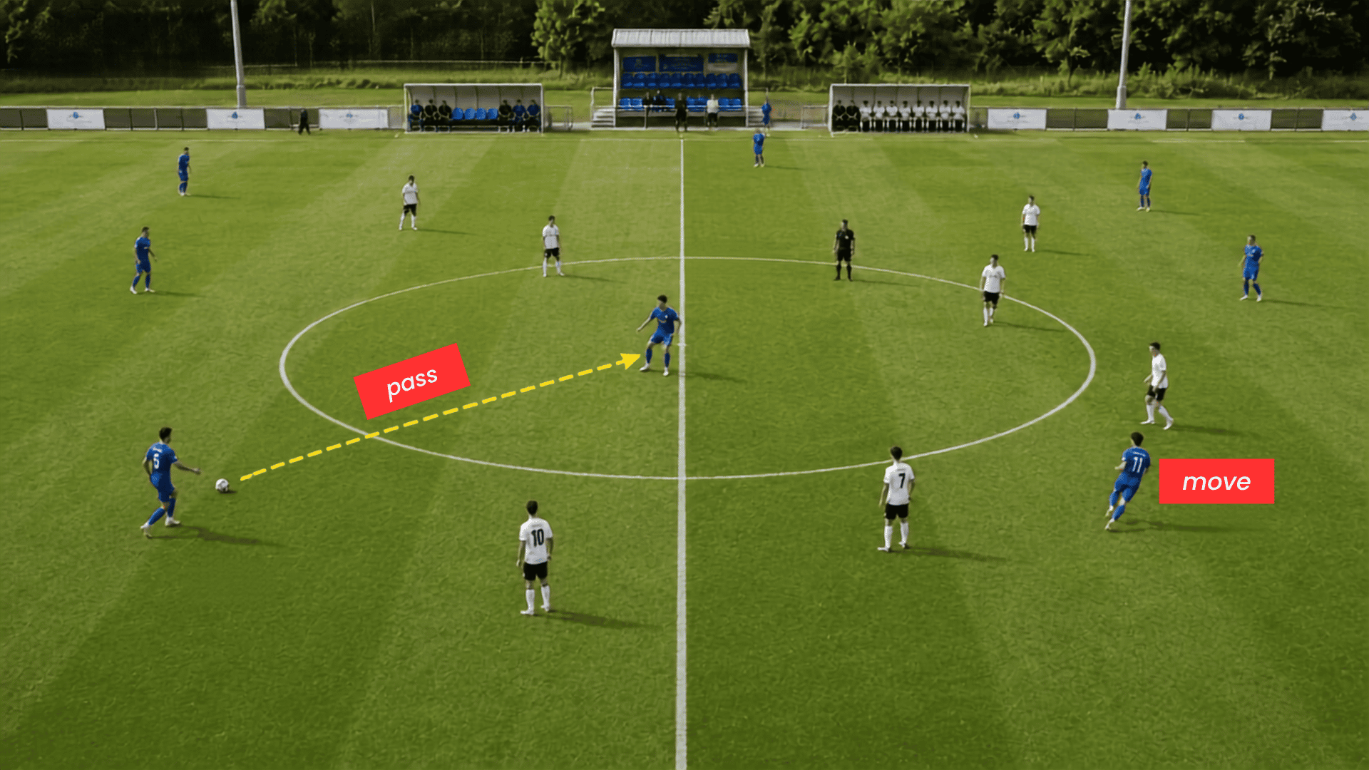soccer players using a simple possession pattern to look pass and move into open space