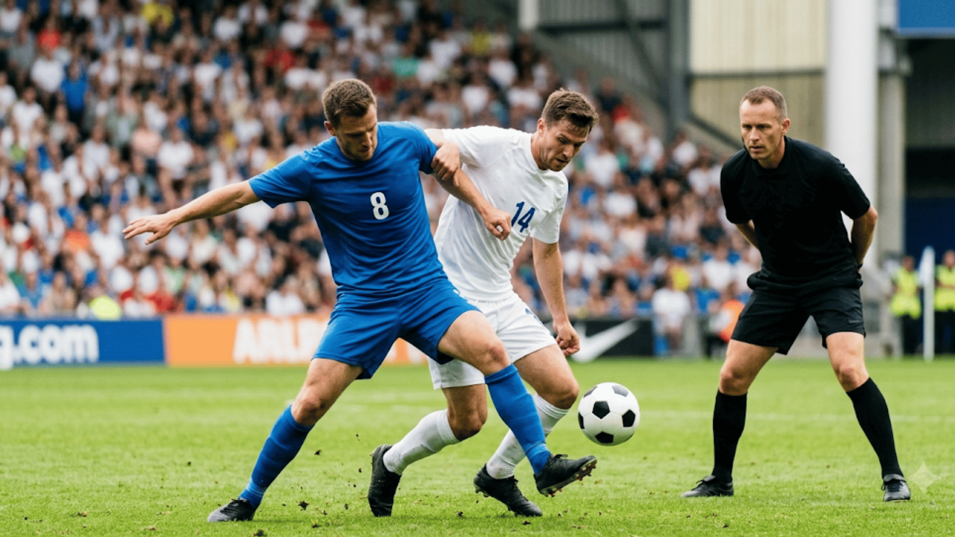 soccer referee watching two players make physical contact while challenging for the ball during a match