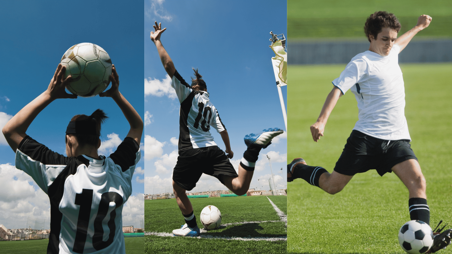 soccer restart examples showing a throw in goal kick and corner kick after the ball goes out