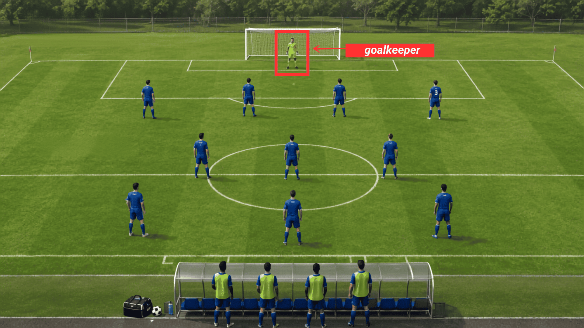 soccer team formation showing ten outfield players and one goalkeeper positioned across the field