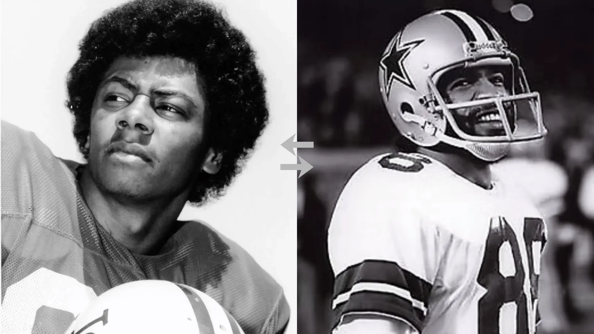 split black and white collage showing a young player beside his later football portrait image