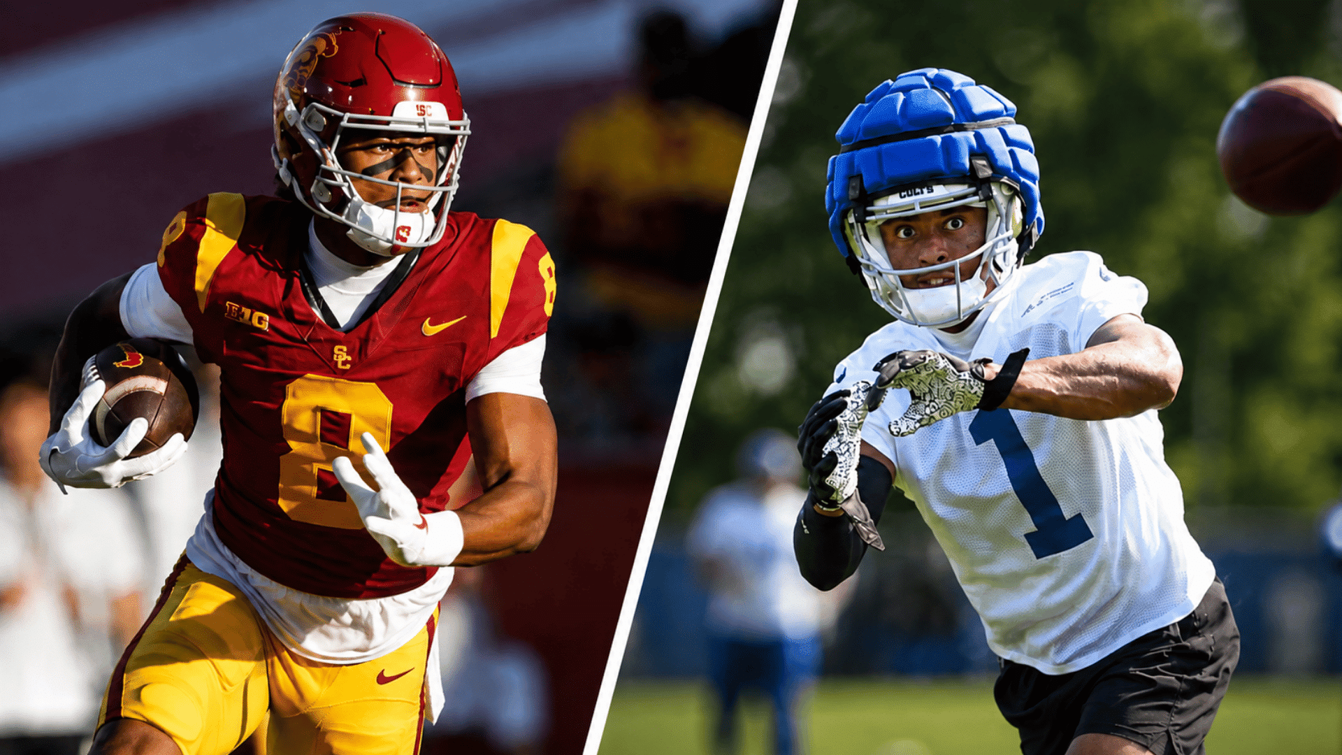 split image of a usc ball carrier and a colts practice player divided by a white line