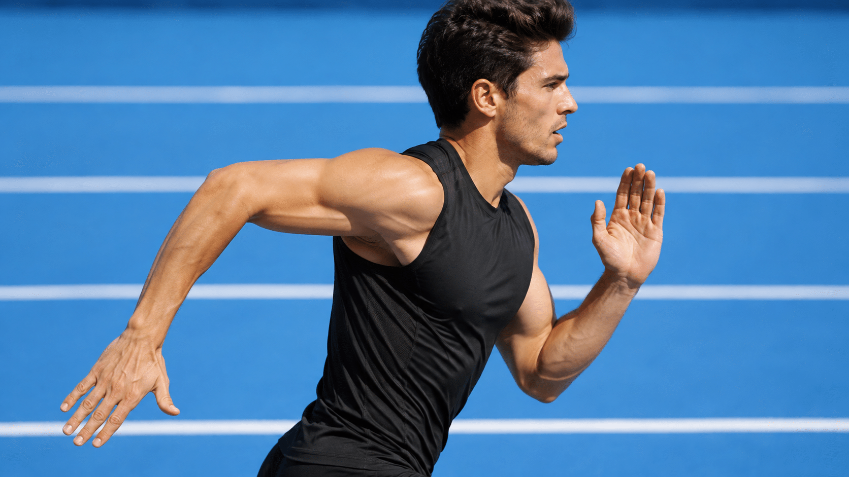 sprinter showing strong arm drive and upper body form while running on a blue outdoor track