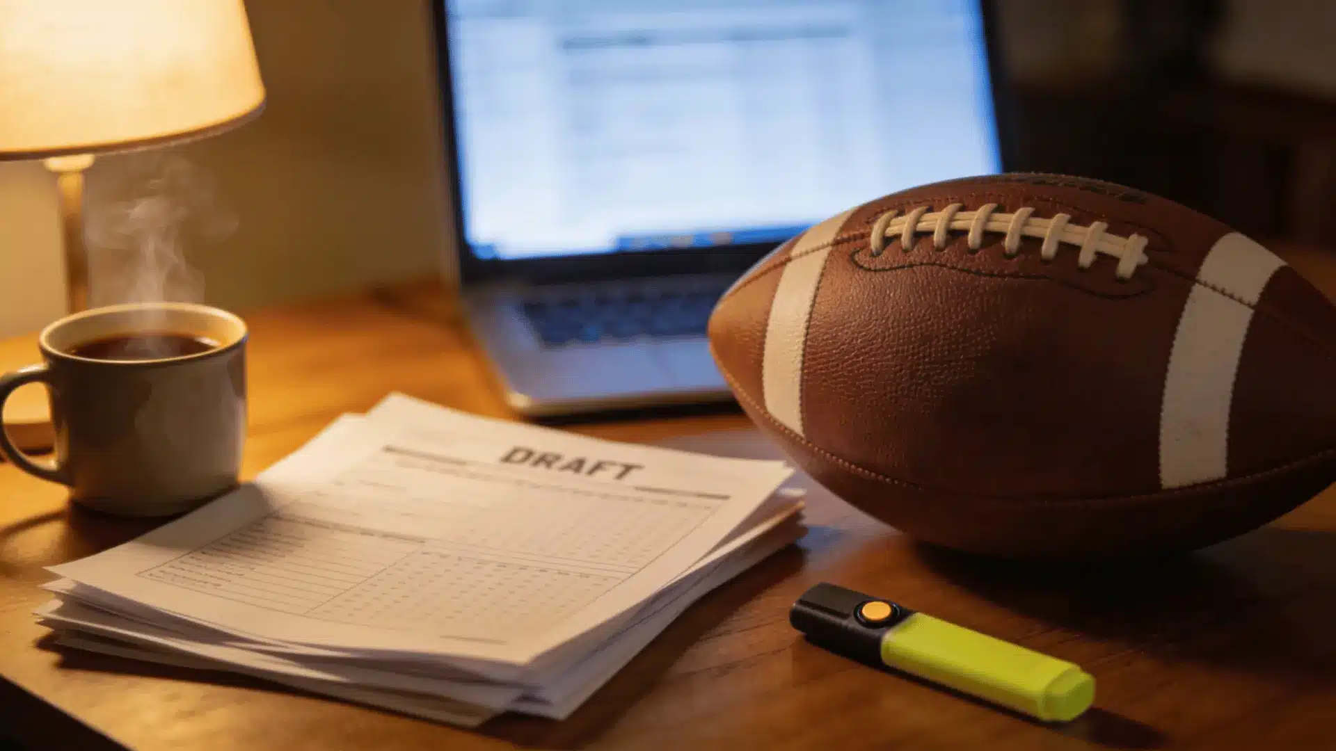 steaming coffee beside football draft sheets a highlighter and a football with an open laptop in warm lamplight