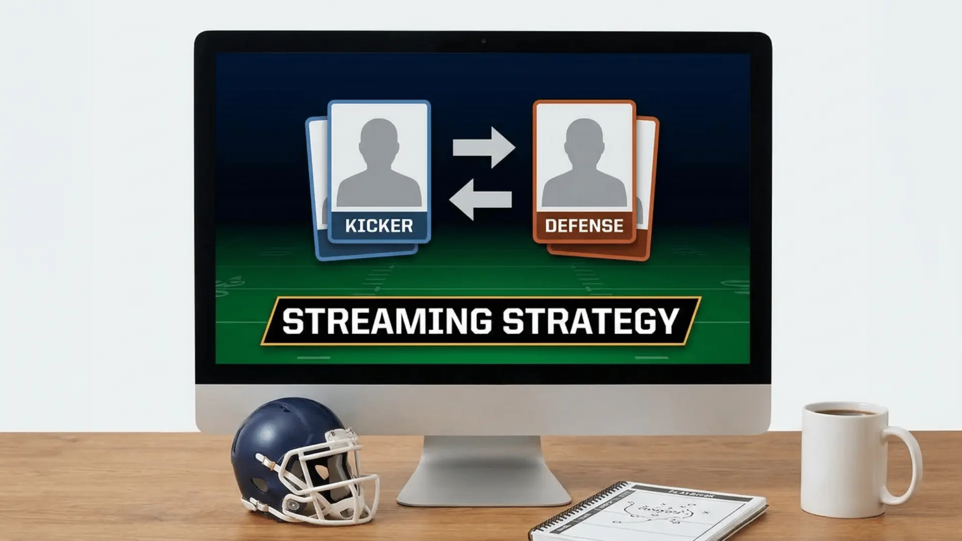 a desktop screen shows kicker and defense cards with arrows for a fantasy football streaming strategy setup