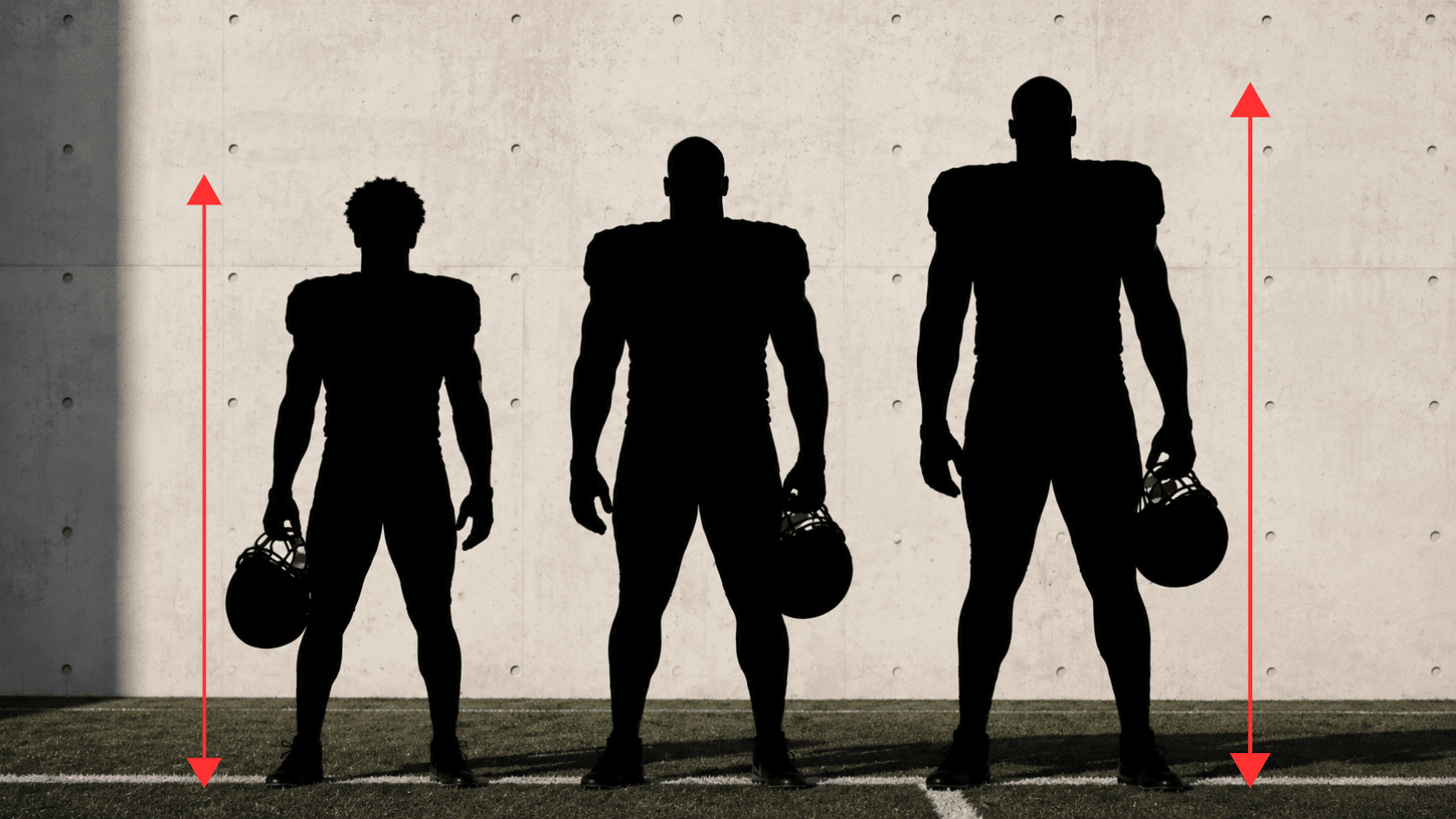 three football player silhouettes of different heights standing beside red height arrows