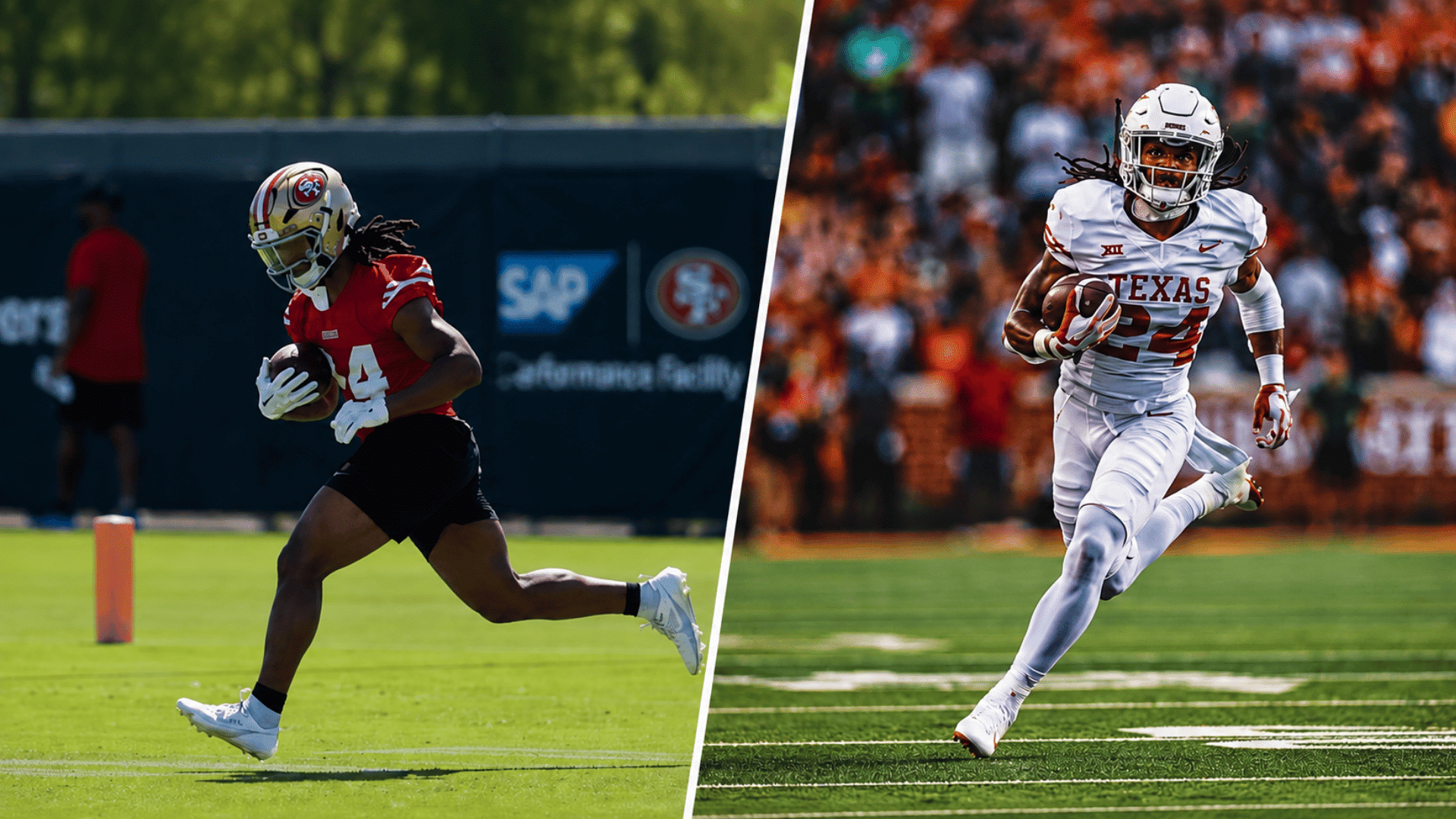 two football players run with the ball on separate fields divided by a slanted white line