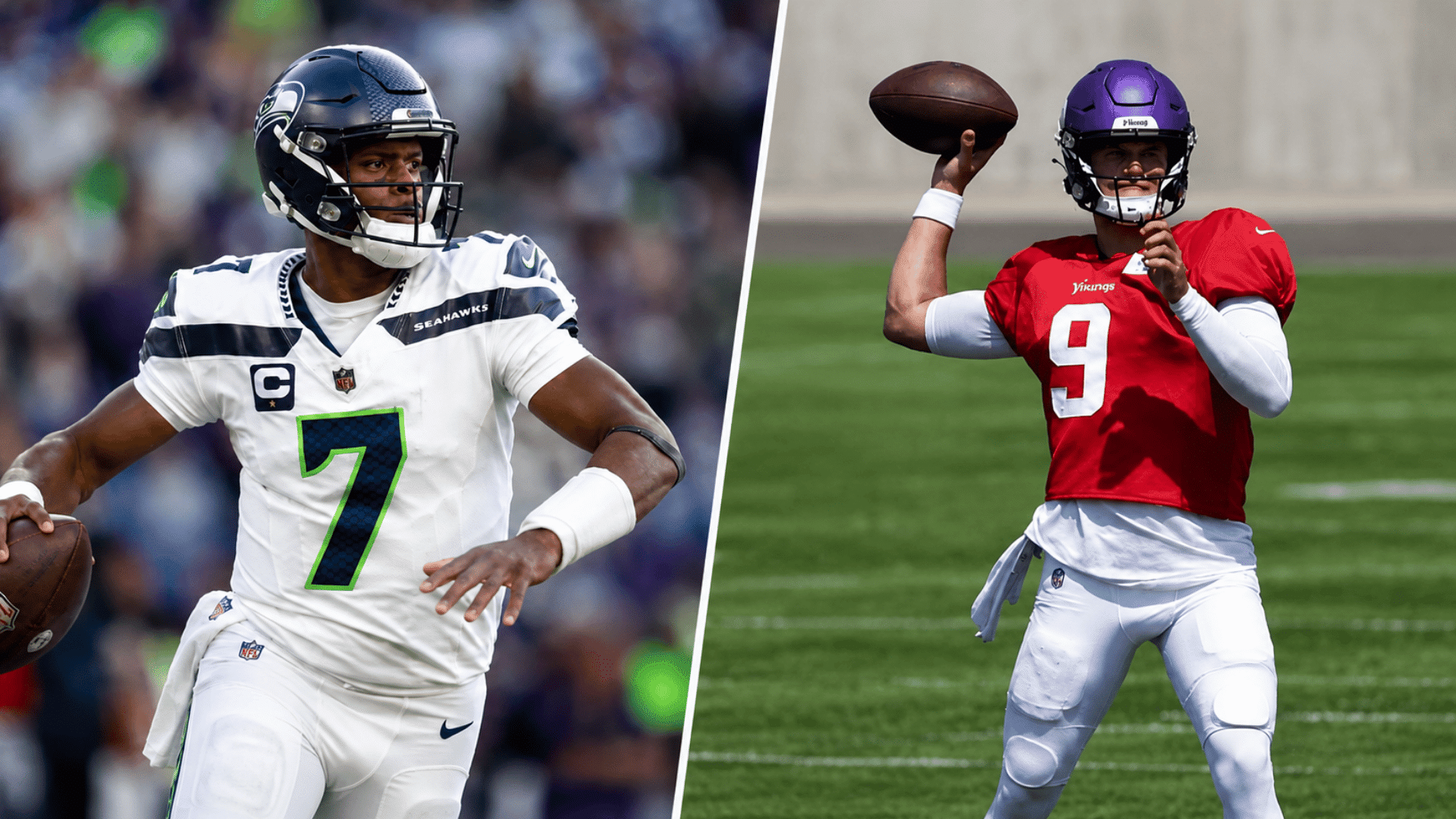 two quarterbacks prepare to throw footballs side by side during game action and practice