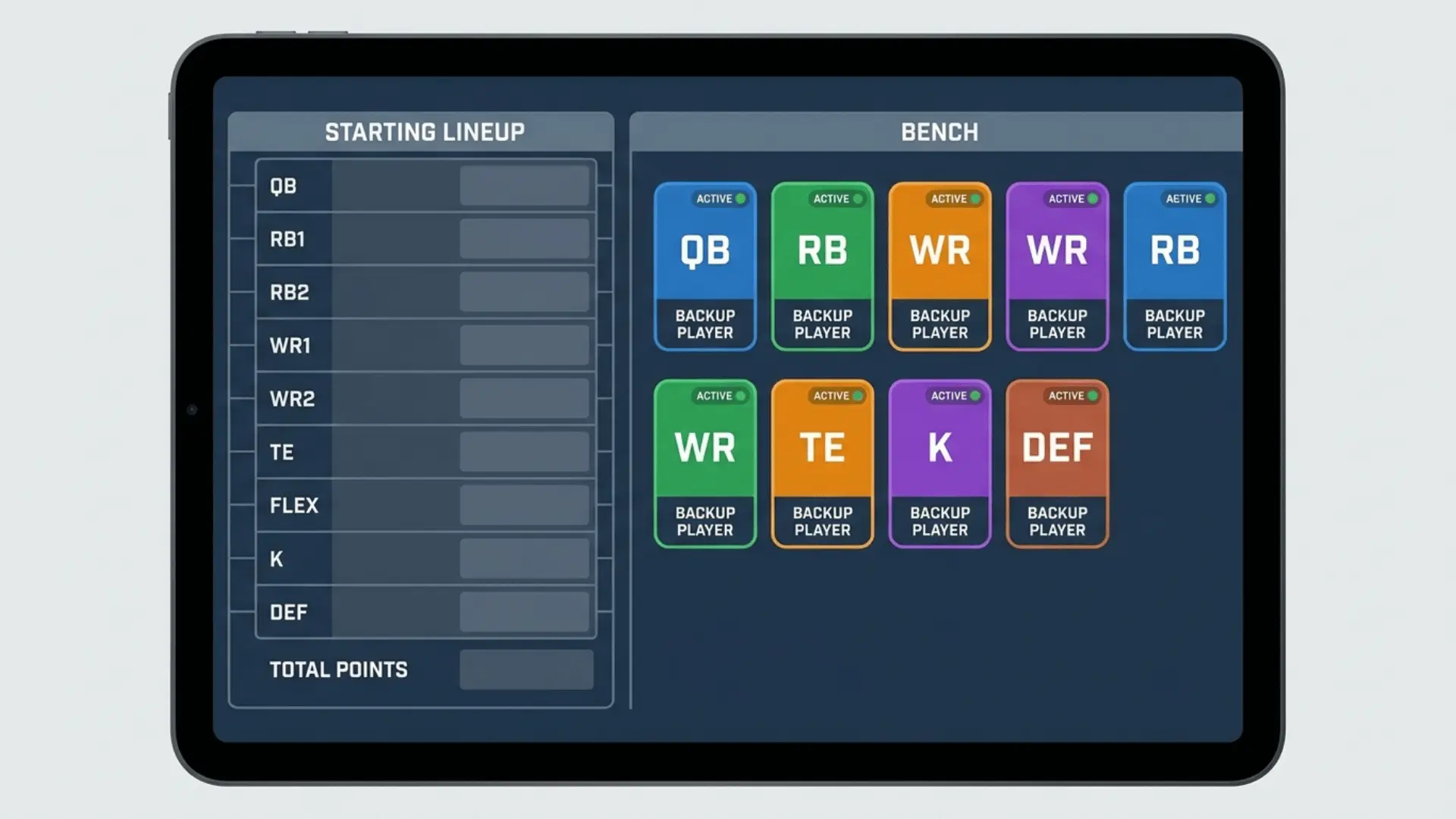 a tablet screen shows a fantasy football lineup with empty starter slots and colorful active bench player cards