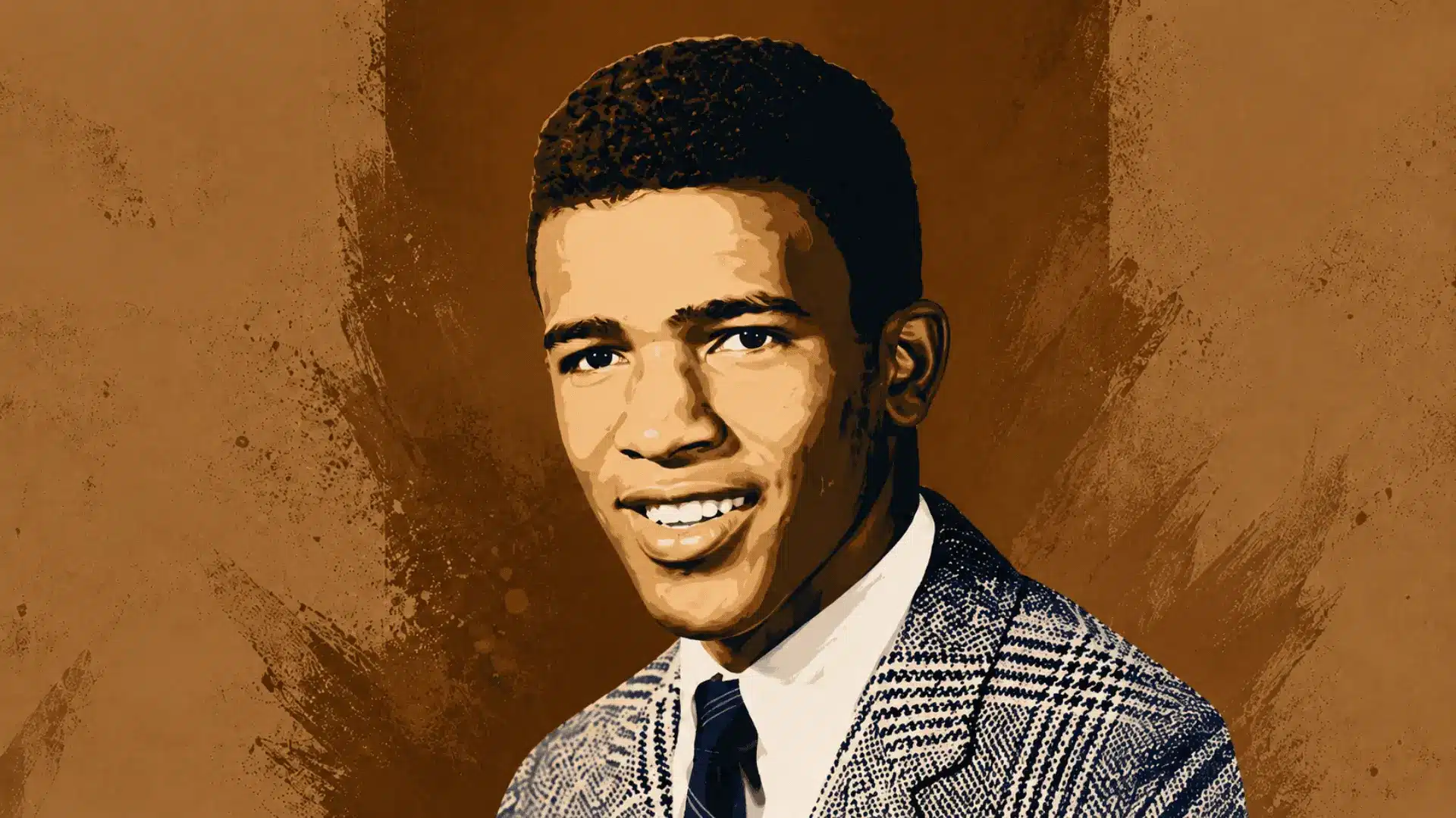 vector portrait of a young athlete in a suit against a warm brown textured poster background