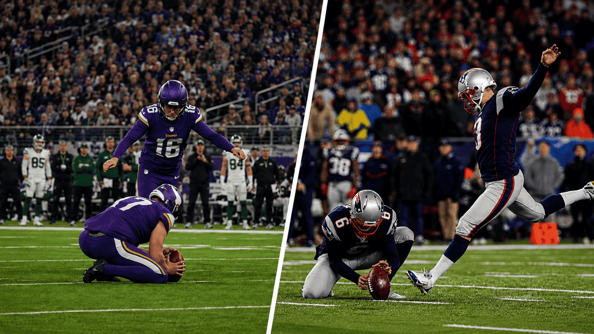 vikings and patriots kickers attempt field goals in a split image divided by a white line