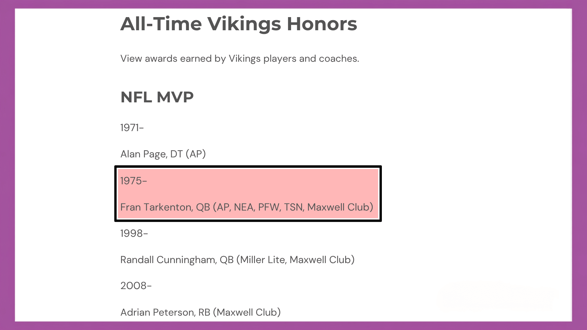 vikings honors page highlights fran tarkenton as an nfl most valuable player award winner