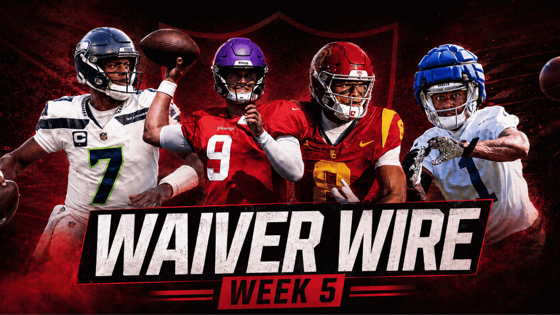 four football players featured above a bold waiver wire week five fantasy football graphic