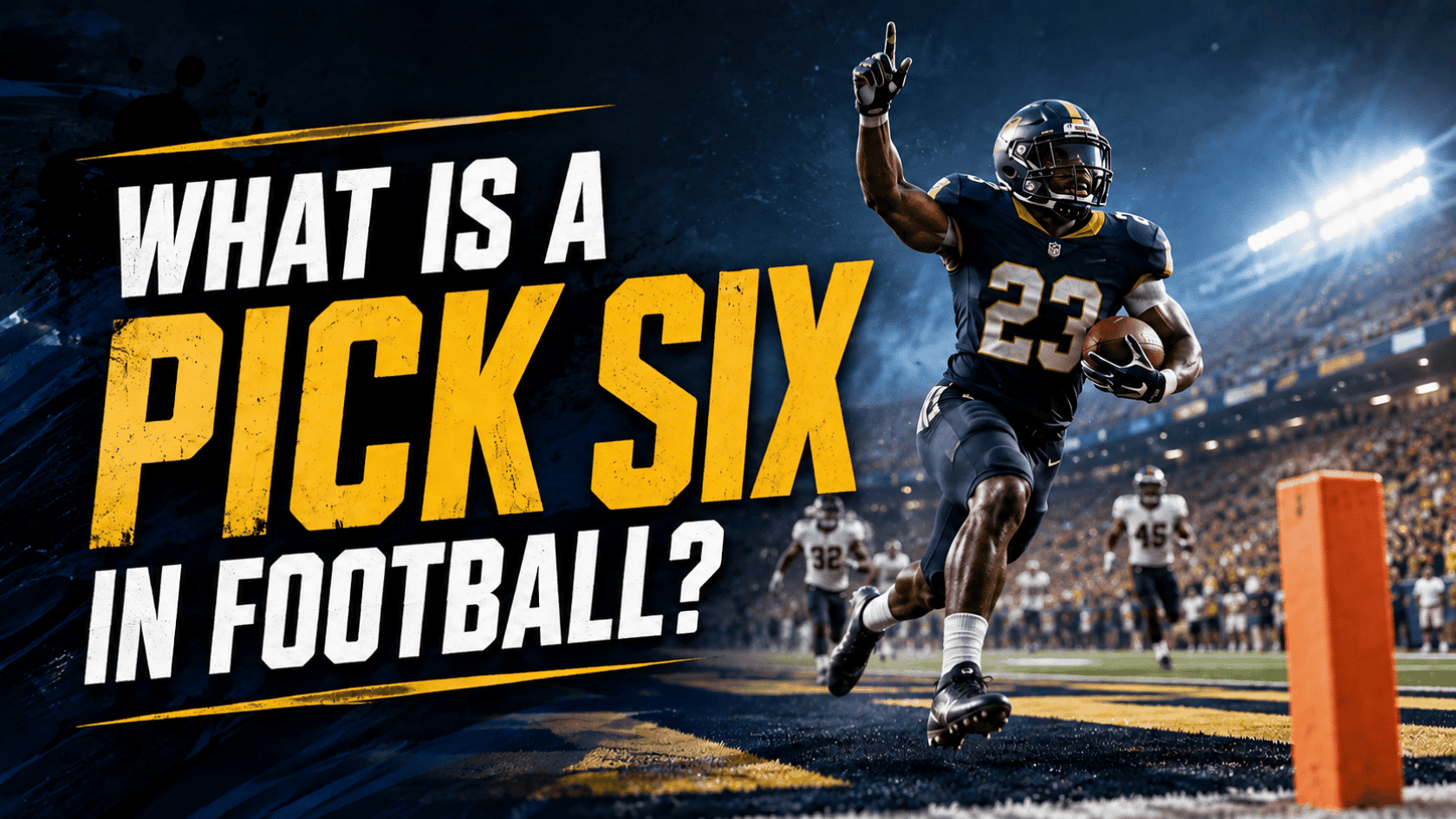 football player in navy blue uniform runs toward the end zone after a pick six under bright stadium lights