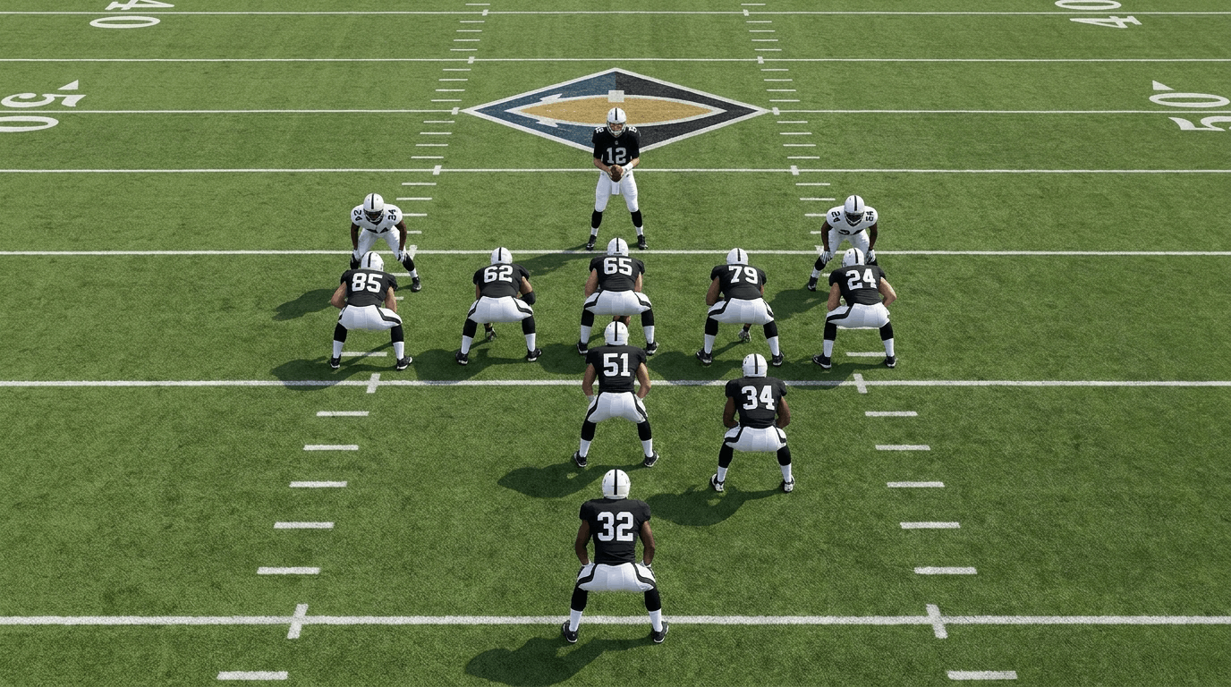 overhead view of american football players lined up on the field in an i formation